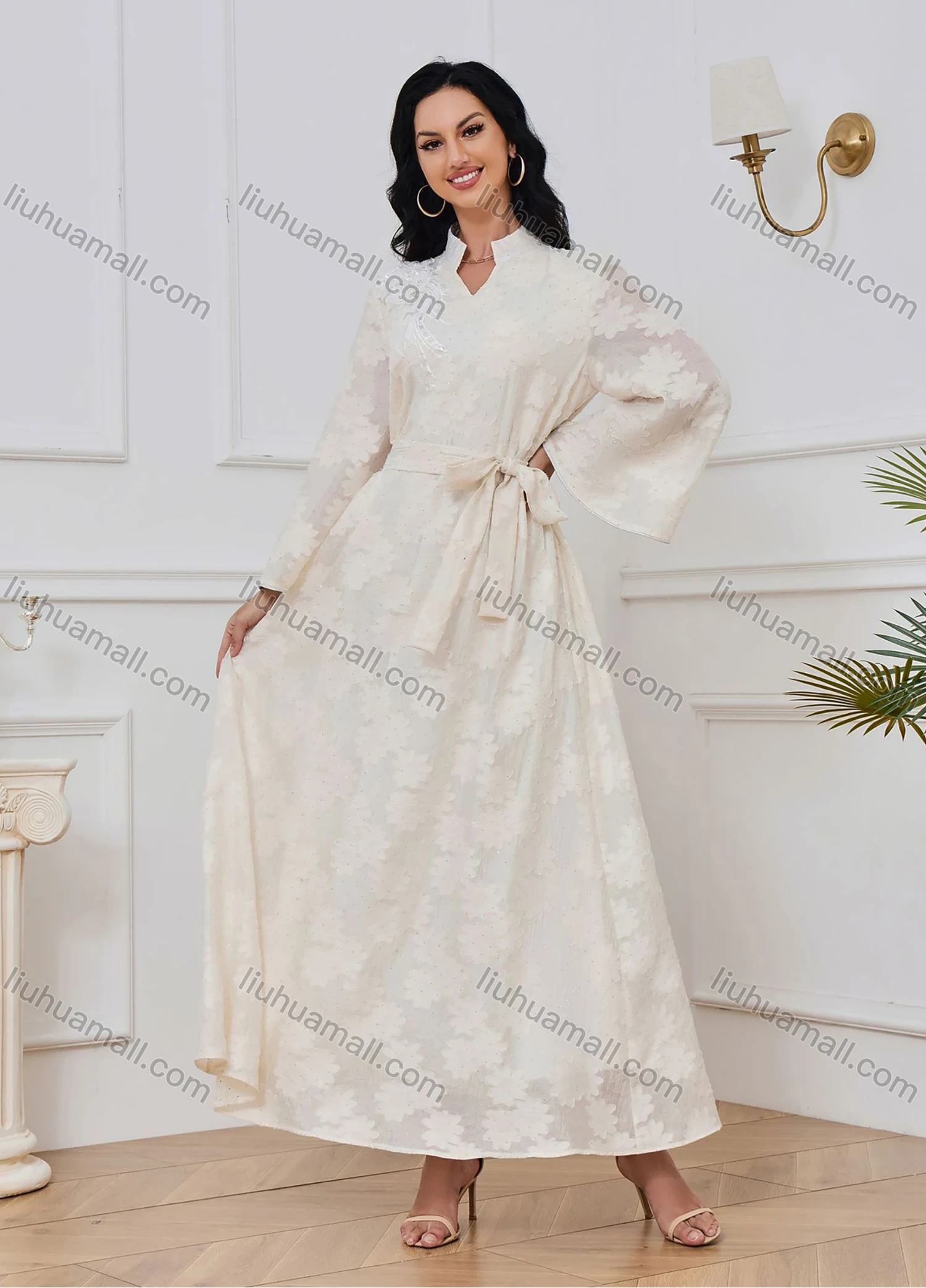 Wholesale Women's Elegant Plain Jacquard Notched Neck Long Sleeve Sequin Rhinestone Abaya Dress With Belt - Liuhuamall