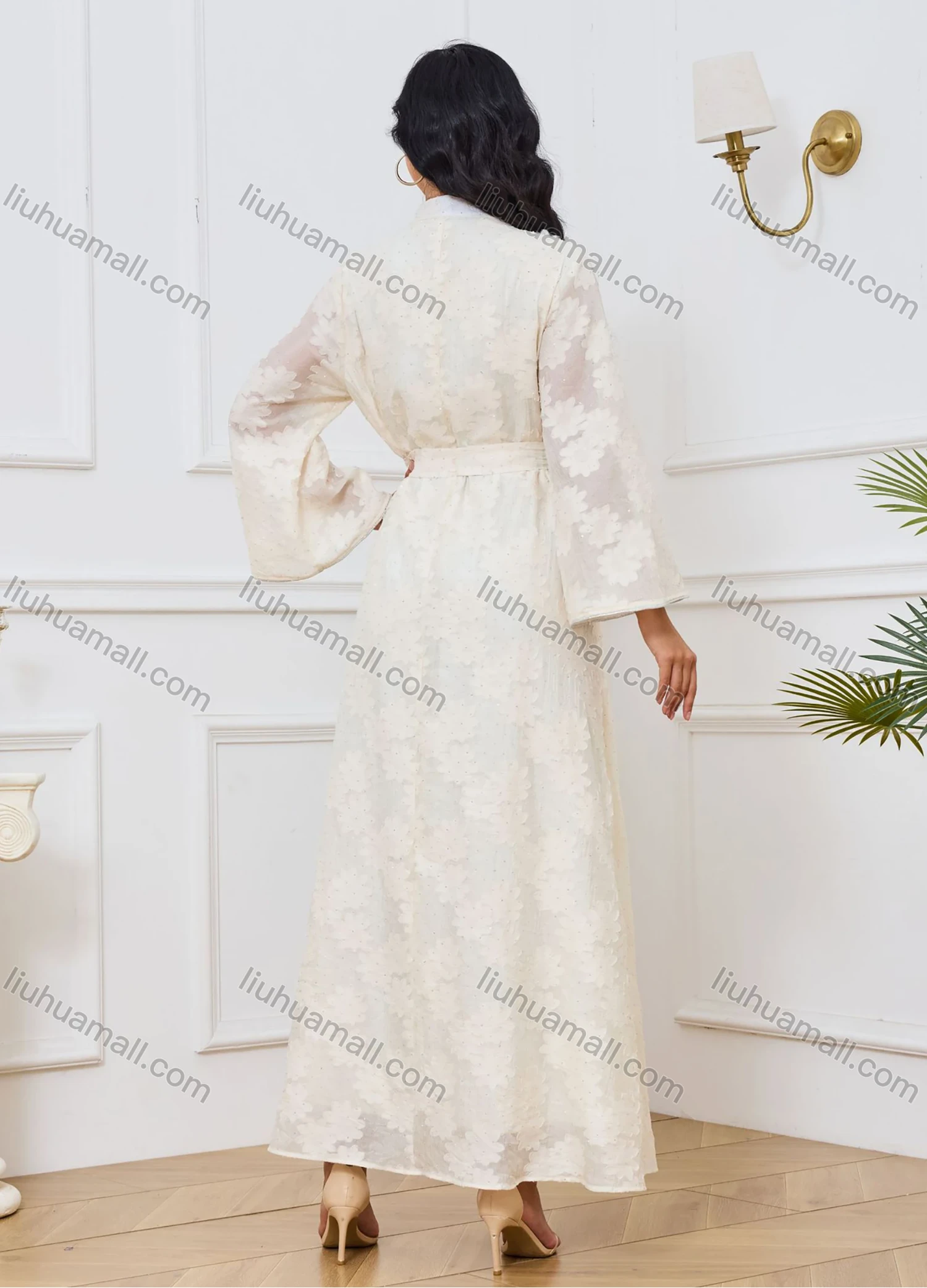 Wholesale Women's Elegant Plain Jacquard Notched Neck Long Sleeve Sequin Rhinestone Abaya Dress With Belt - Liuhuamall