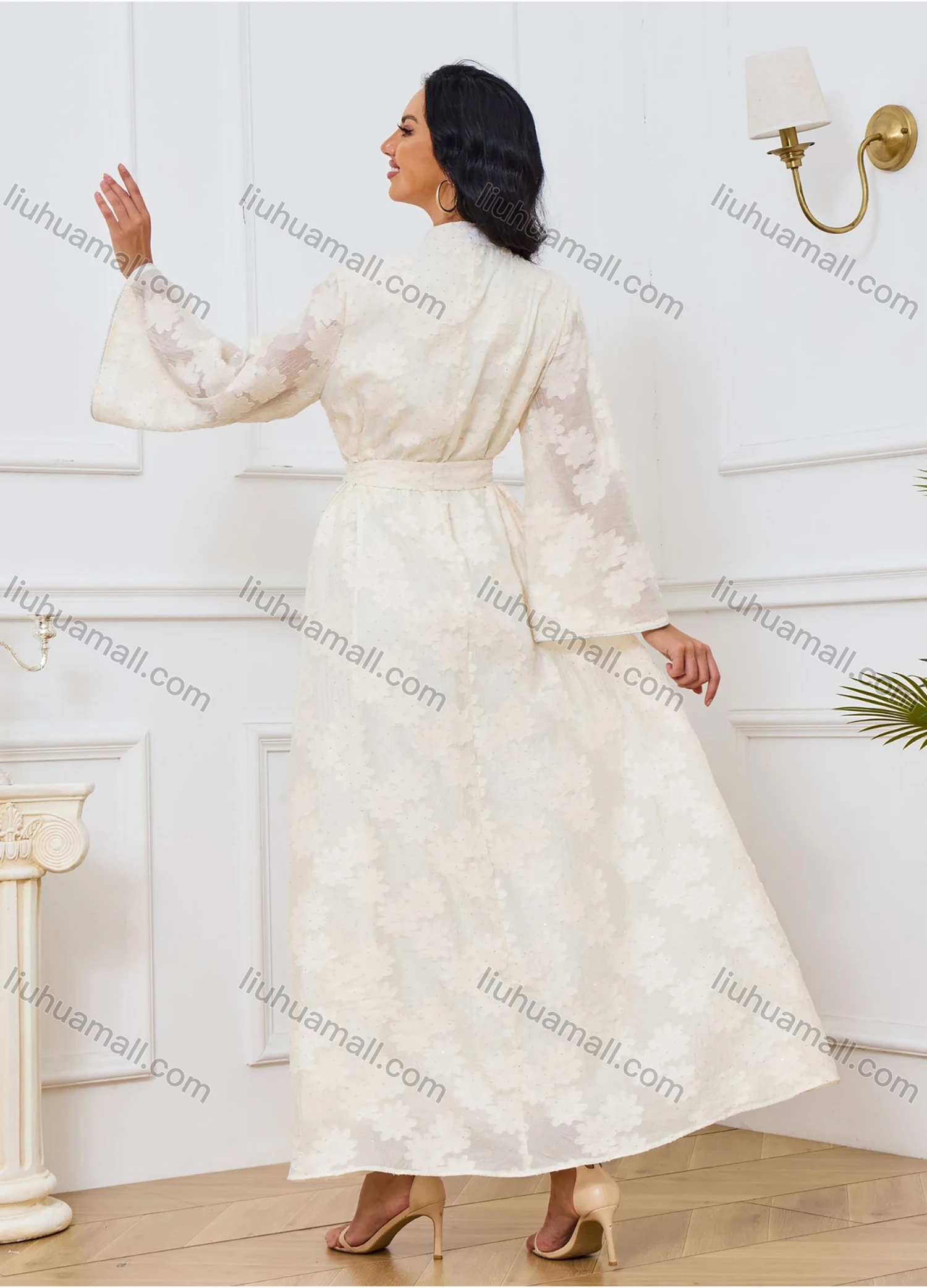 Wholesale Women's Elegant Plain Jacquard Notched Neck Long Sleeve Sequin Rhinestone Abaya Dress With Belt - Liuhuamall