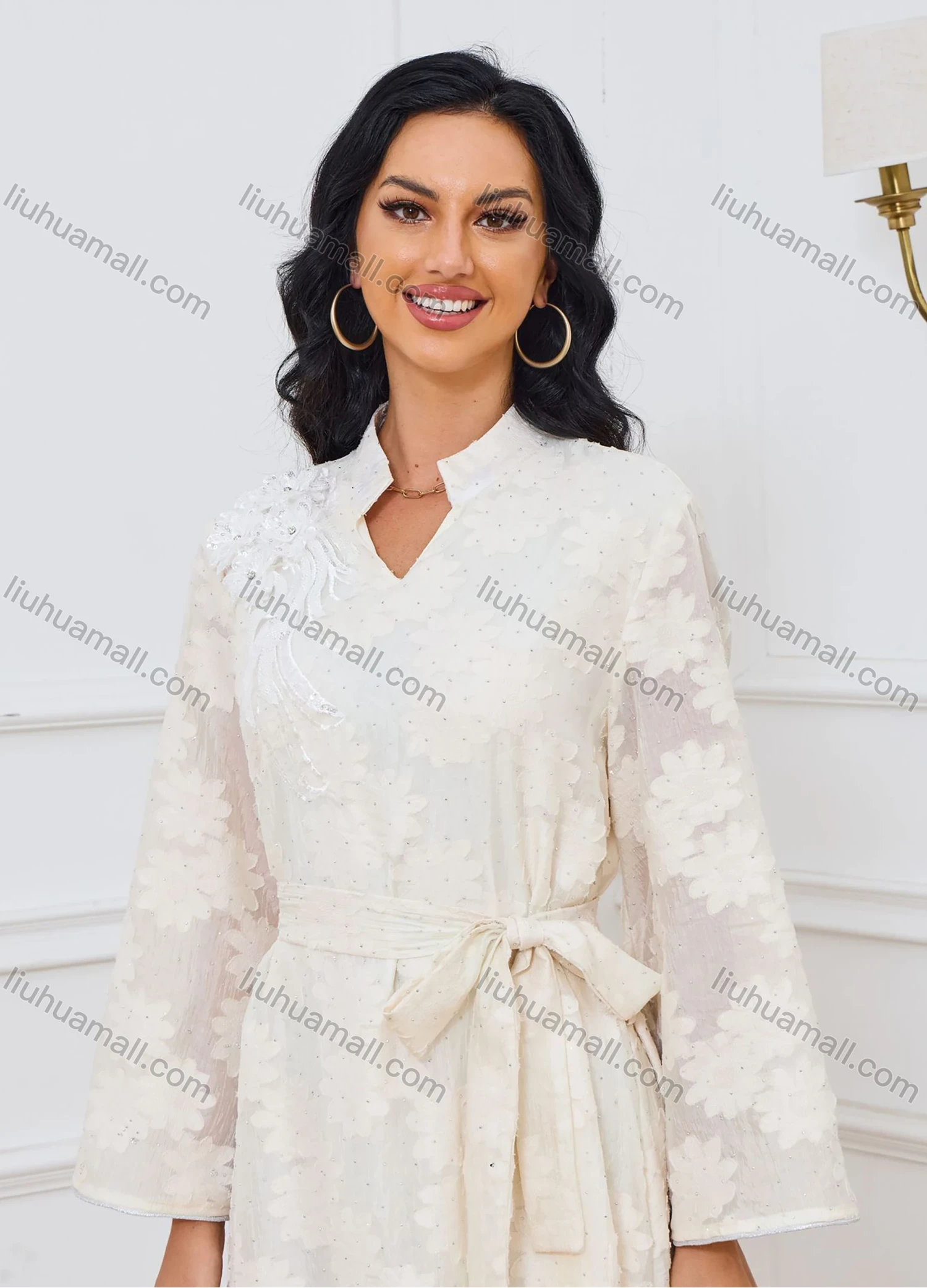 Wholesale Women's Elegant Plain Jacquard Notched Neck Long Sleeve Sequin Rhinestone Abaya Dress With Belt - Liuhuamall