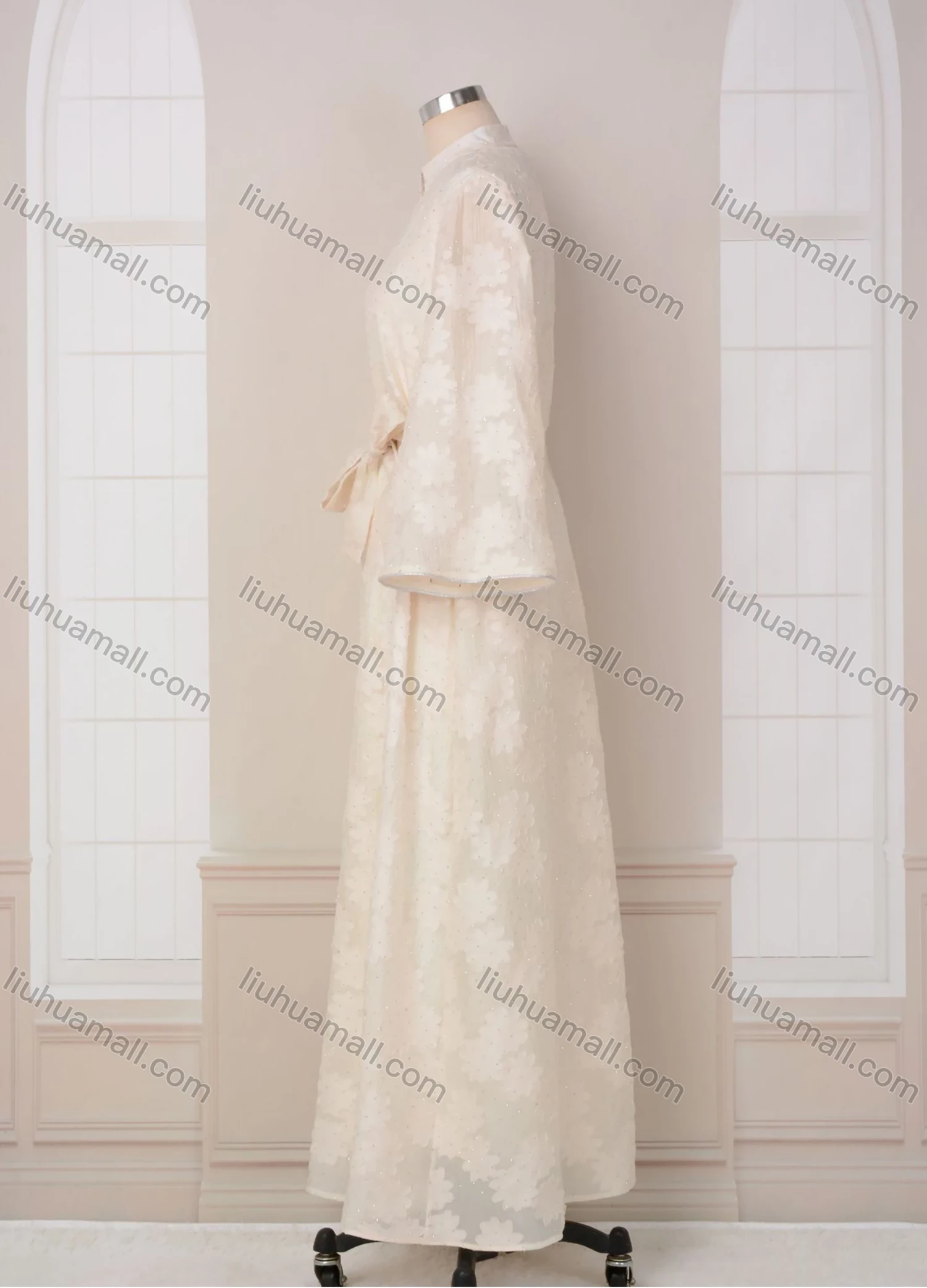 Wholesale Women's Elegant Plain Jacquard Notched Neck Long Sleeve Sequin Rhinestone Abaya Dress With Belt - Liuhuamall