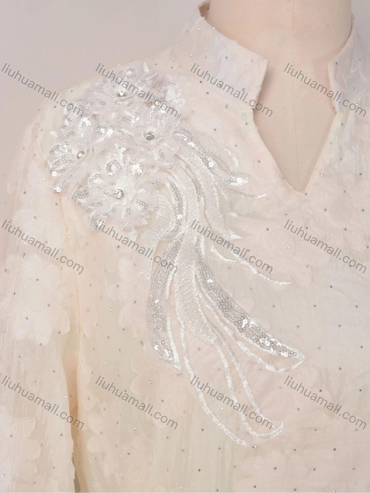 Wholesale Women's Elegant Plain Jacquard Notched Neck Long Sleeve Sequin Rhinestone Abaya Dress With Belt - Liuhuamall