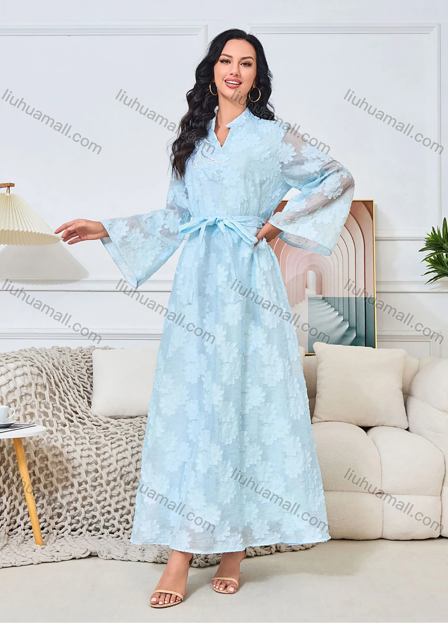 Wholesale Women's Elegant Plain Jacquard Notched Neck Long Sleeve Sequin Rhinestone Abaya Dress With Belt - Liuhuamall