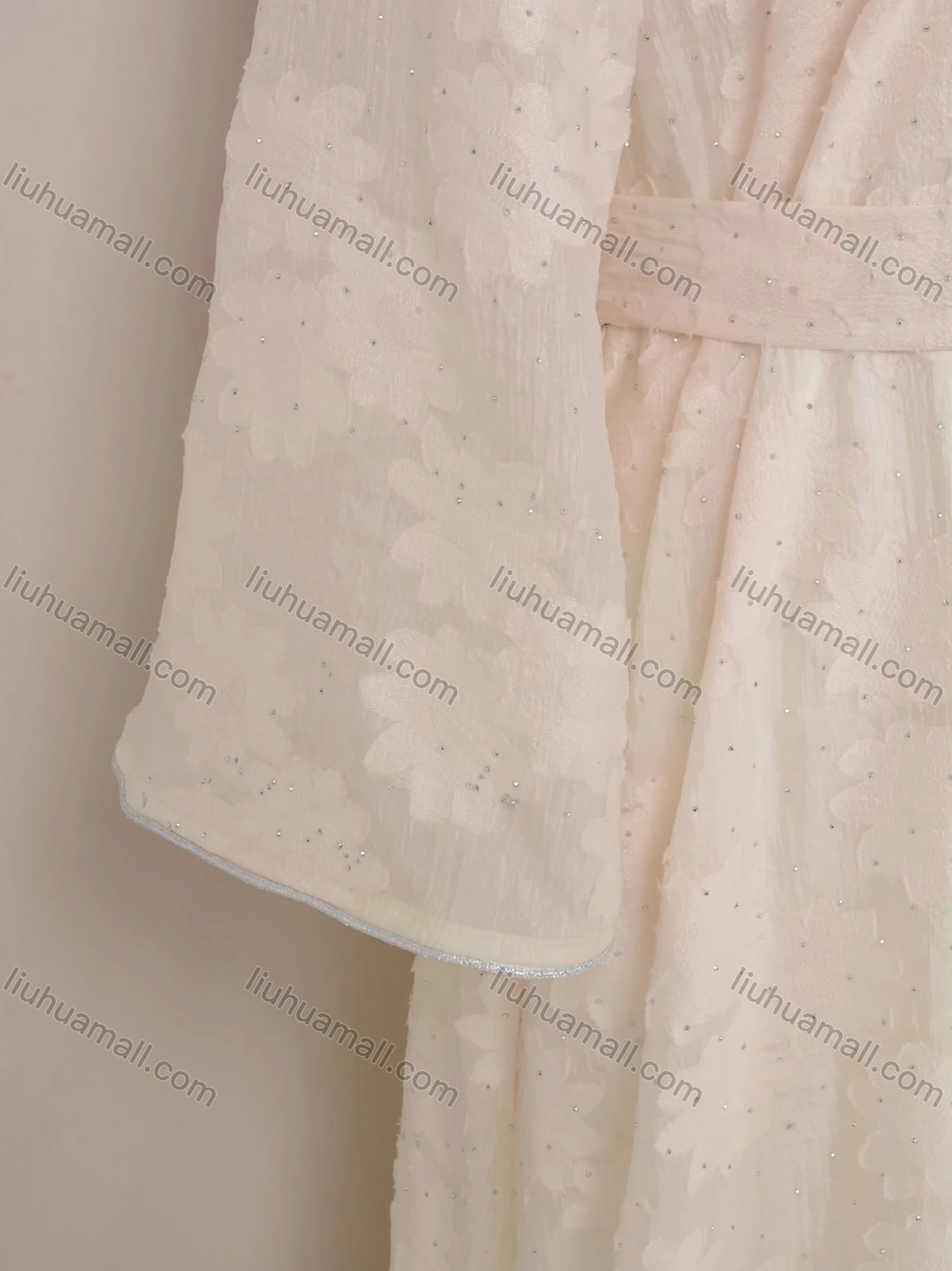 Wholesale Women's Elegant Plain Jacquard Notched Neck Long Sleeve Sequin Rhinestone Abaya Dress With Belt - Liuhuamall