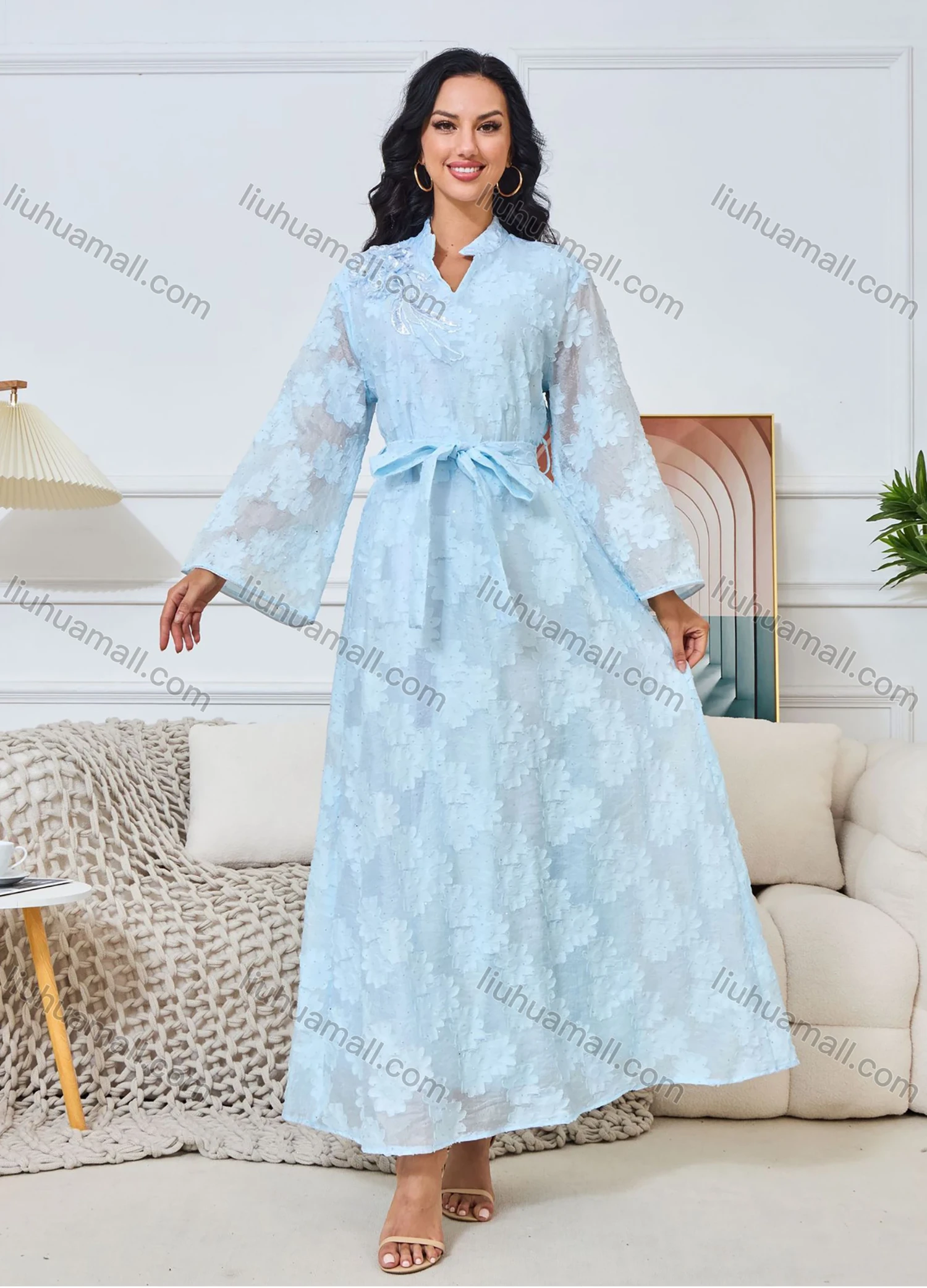 Wholesale Women's Elegant Plain Jacquard Notched Neck Long Sleeve Sequin Rhinestone Abaya Dress With Belt - Liuhuamall