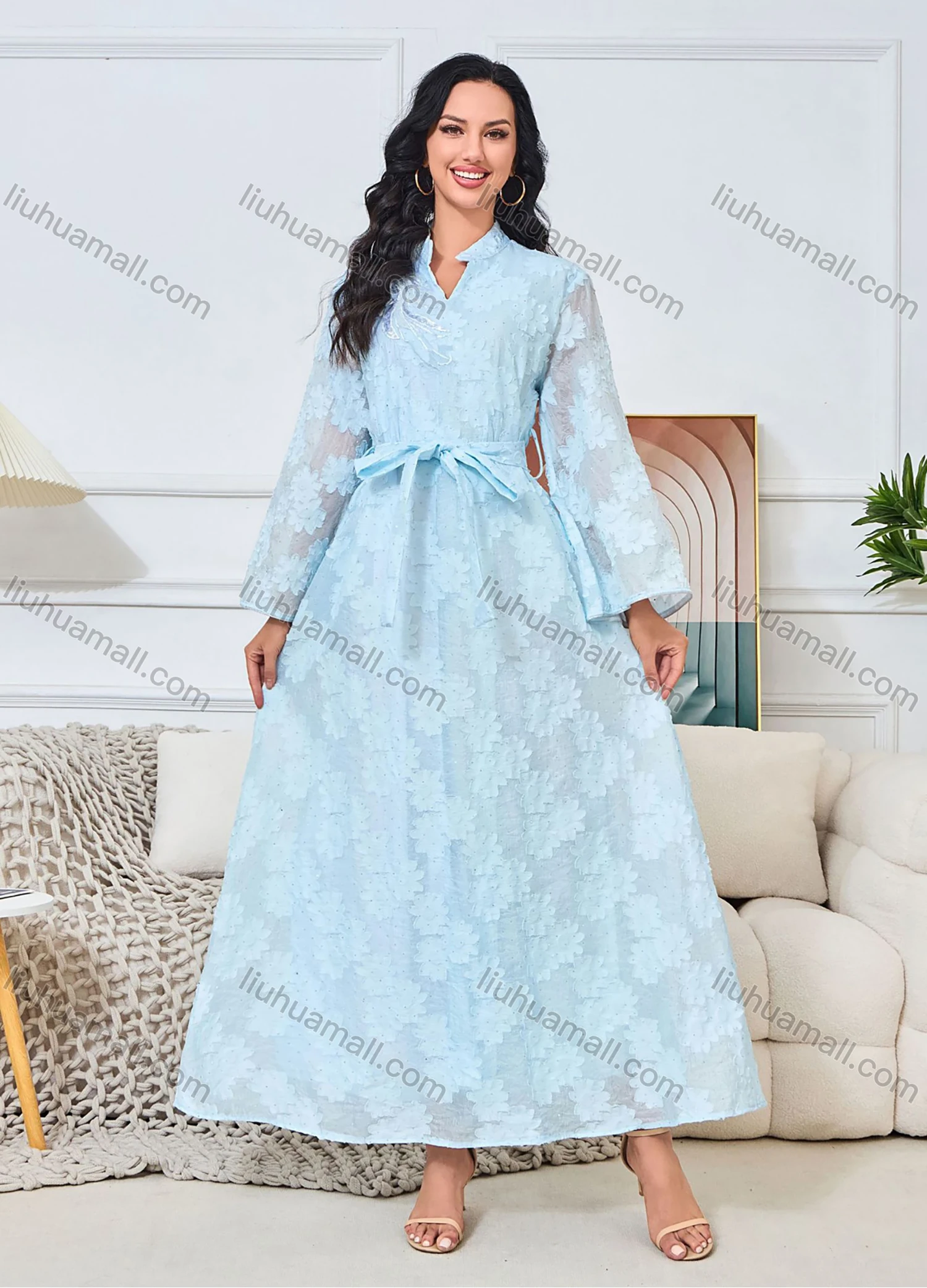 Wholesale Women's Elegant Plain Jacquard Notched Neck Long Sleeve Sequin Rhinestone Abaya Dress With Belt - Liuhuamall