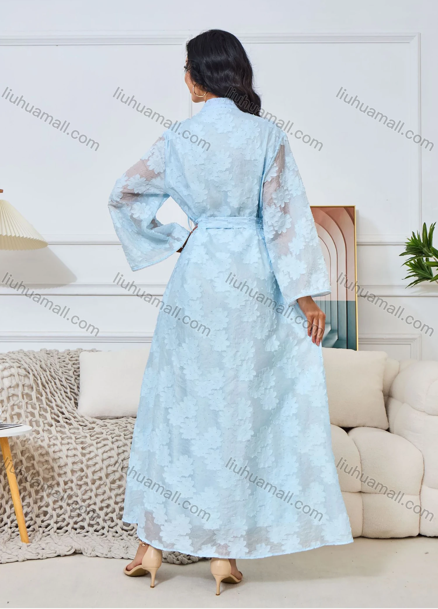 Wholesale Women's Elegant Plain Jacquard Notched Neck Long Sleeve Sequin Rhinestone Abaya Dress With Belt - Liuhuamall