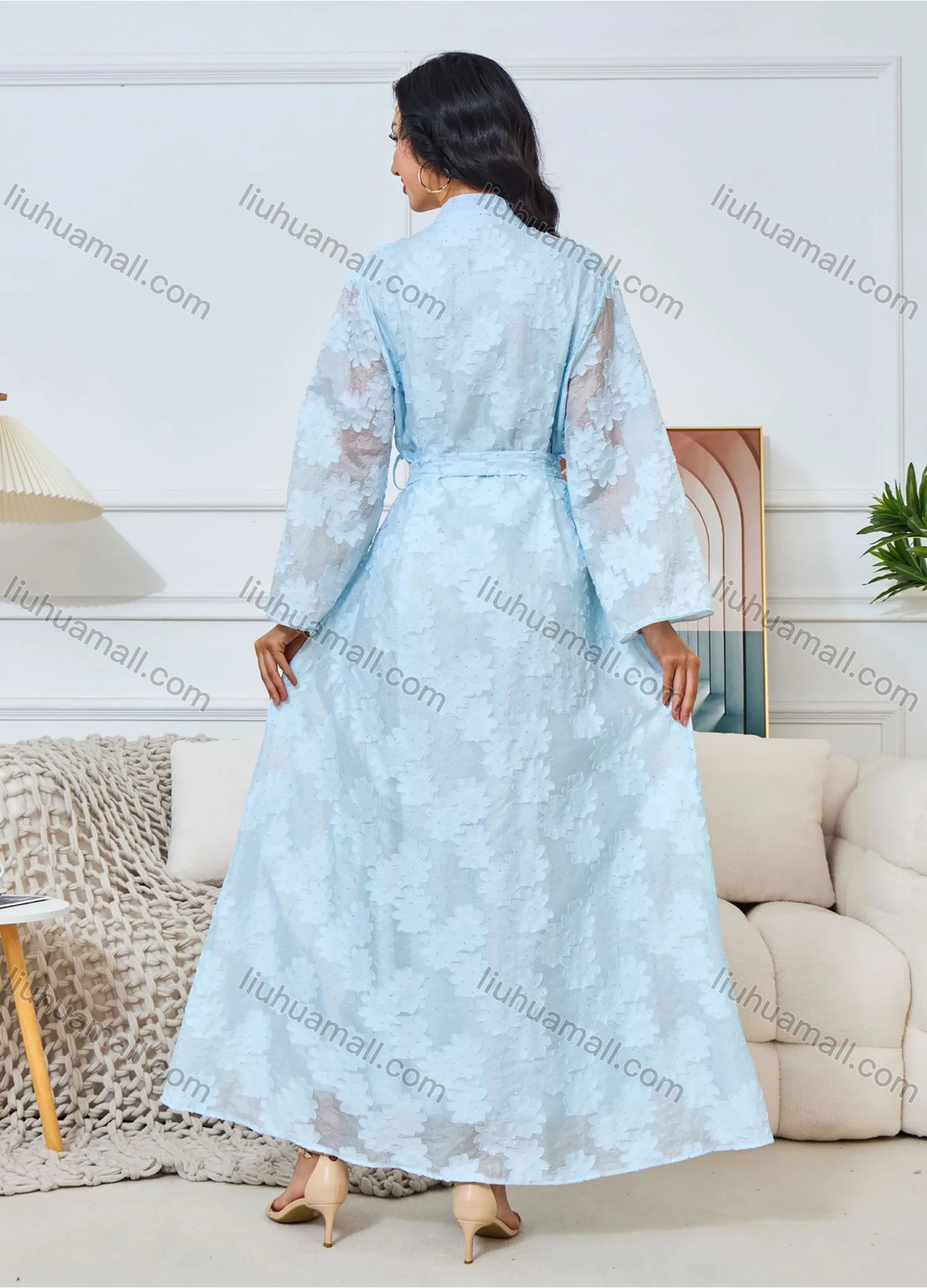 Wholesale Women's Elegant Plain Jacquard Notched Neck Long Sleeve Sequin Rhinestone Abaya Dress With Belt - Liuhuamall