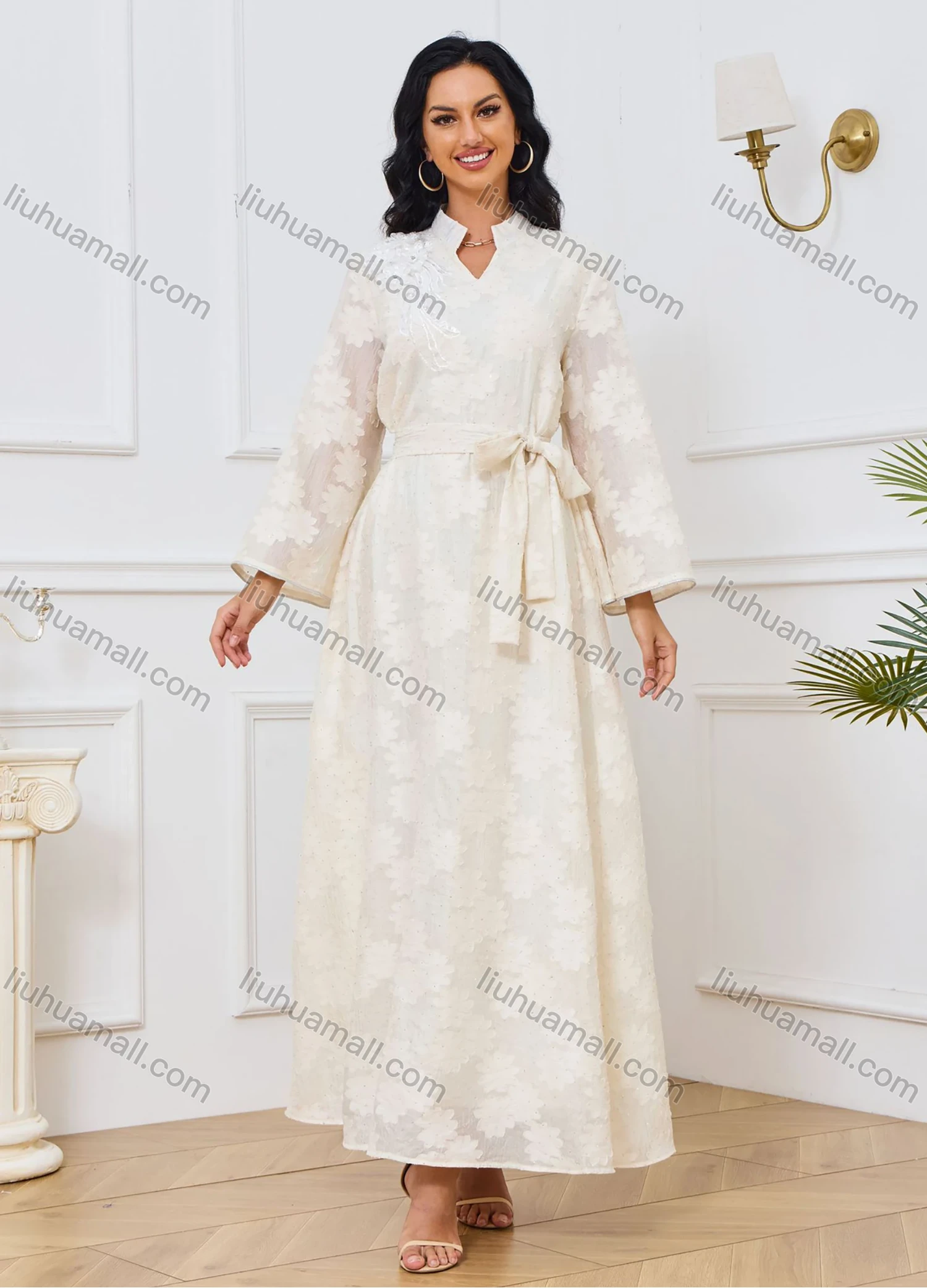 Wholesale Women's Elegant Plain Jacquard Notched Neck Long Sleeve Sequin Rhinestone Abaya Dress With Belt - Liuhuamall