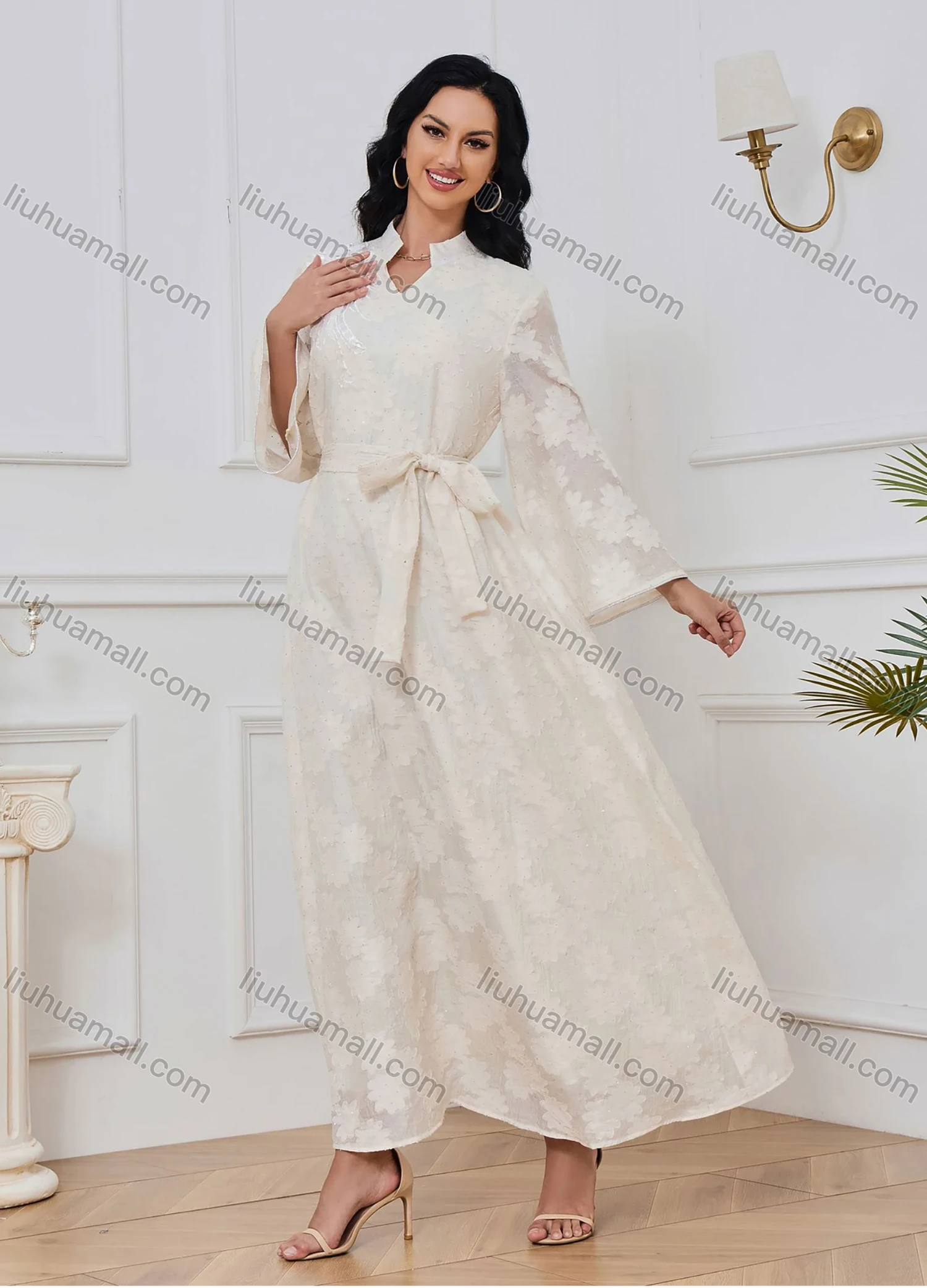 Wholesale Women's Elegant Plain Jacquard Notched Neck Long Sleeve Sequin Rhinestone Abaya Dress With Belt - Liuhuamall