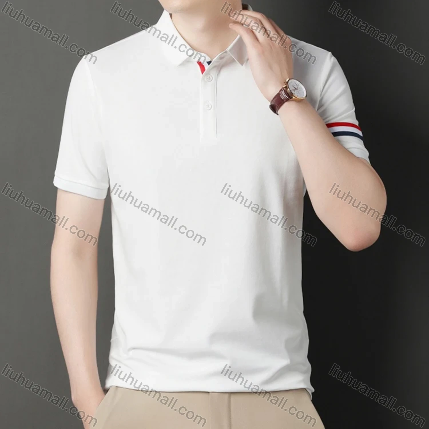 Wholesale Men's Casual Plain Short Sleeve Striped Trim Breathable Polo Shirt C00237# - Liuhuamall