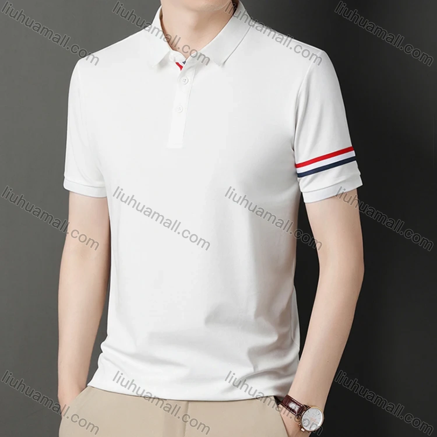 Wholesale Men's Casual Plain Short Sleeve Striped Trim Breathable Polo Shirt C00237# - Liuhuamall