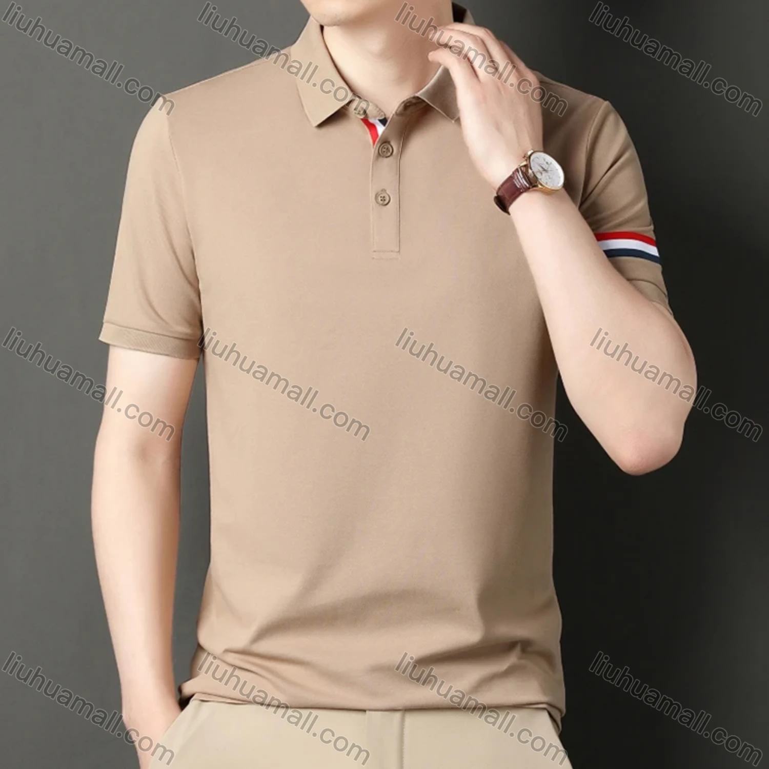 Wholesale Men's Casual Plain Short Sleeve Striped Trim Breathable Polo Shirt C00237# - Liuhuamall