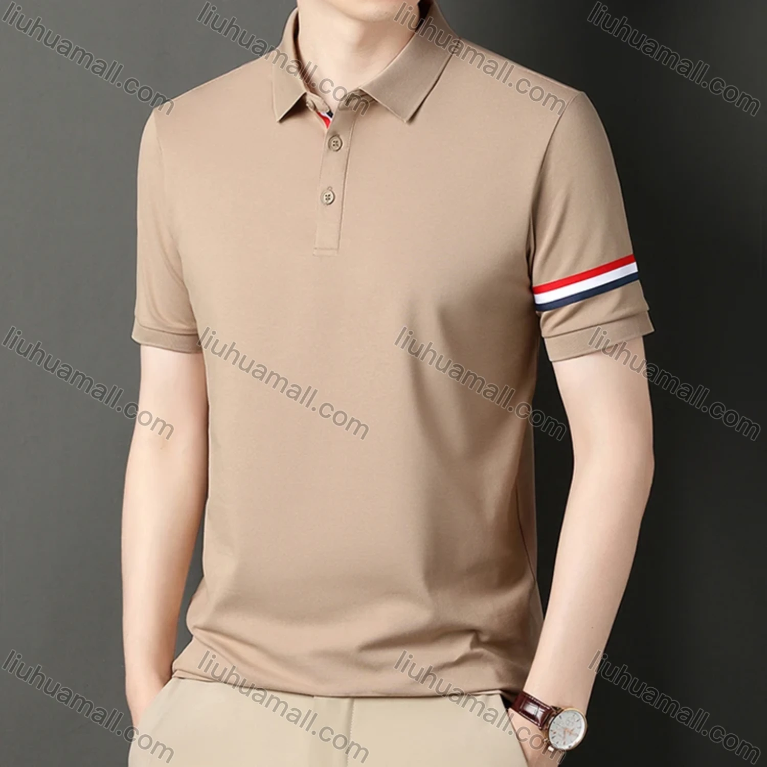 Wholesale Men's Casual Plain Short Sleeve Striped Trim Breathable Polo Shirt C00237# - Liuhuamall
