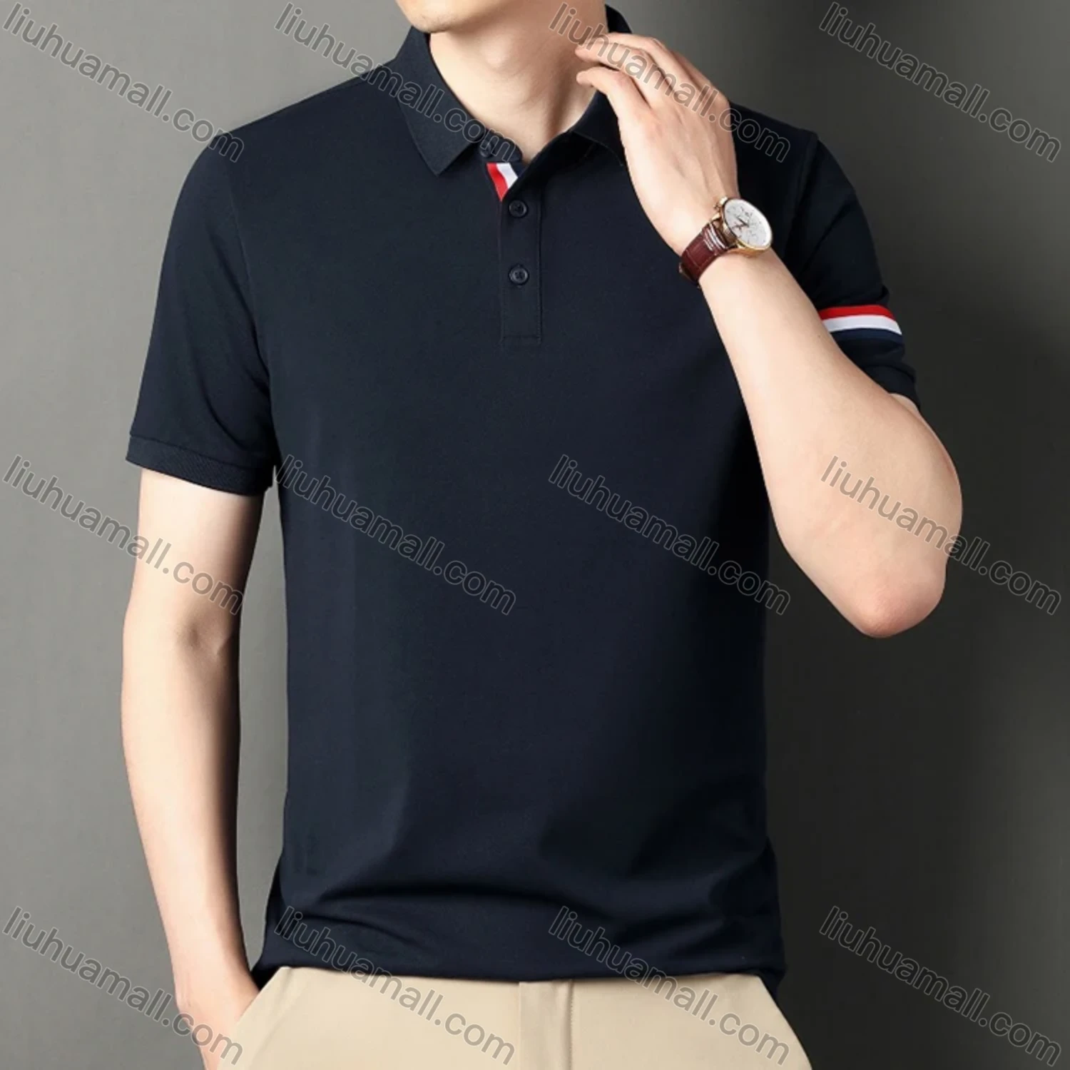 Wholesale Men's Casual Plain Short Sleeve Striped Trim Breathable Polo Shirt C00237# - Liuhuamall