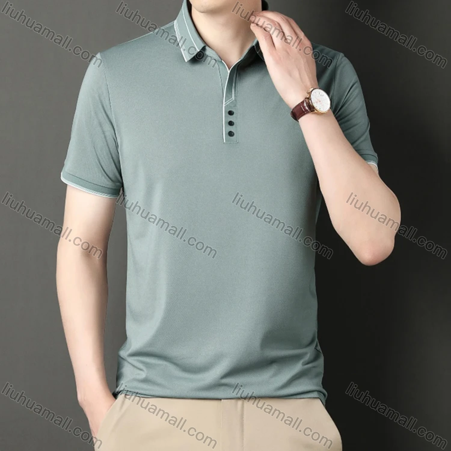 Wholesale Men's Casual Plain Striped Trim Short Sleeve Polo Shirt 9912# - Liuhuamall