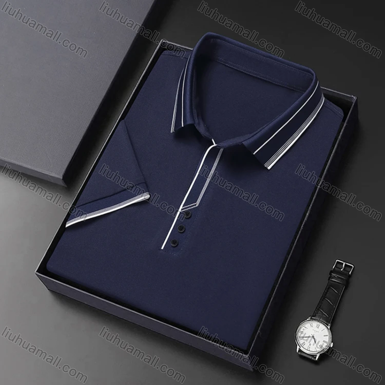 Wholesale Men's Casual Plain Striped Trim Short Sleeve Polo Shirt 9912# - Liuhuamall