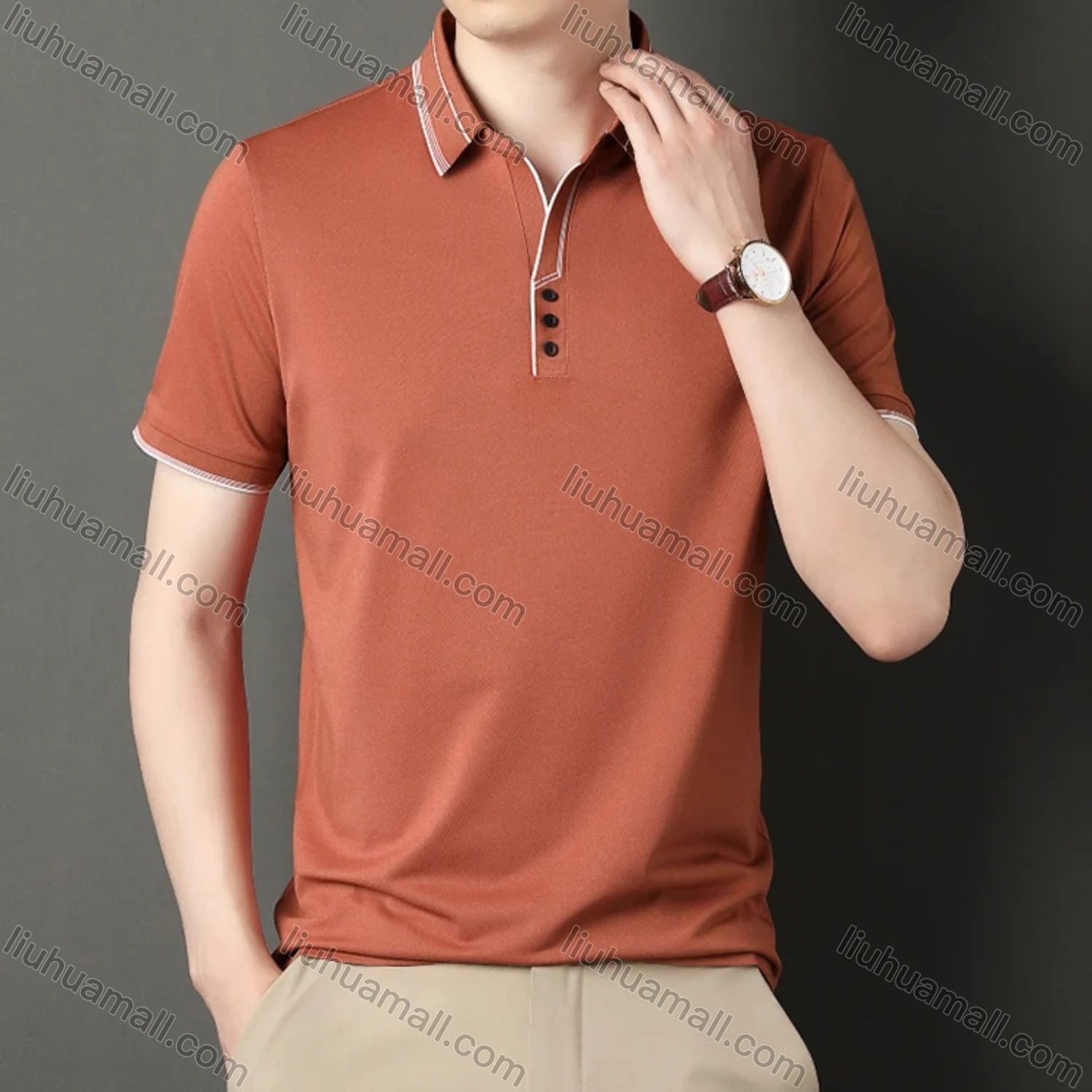 Wholesale Men's Casual Plain Striped Trim Short Sleeve Polo Shirt 9912# - Liuhuamall