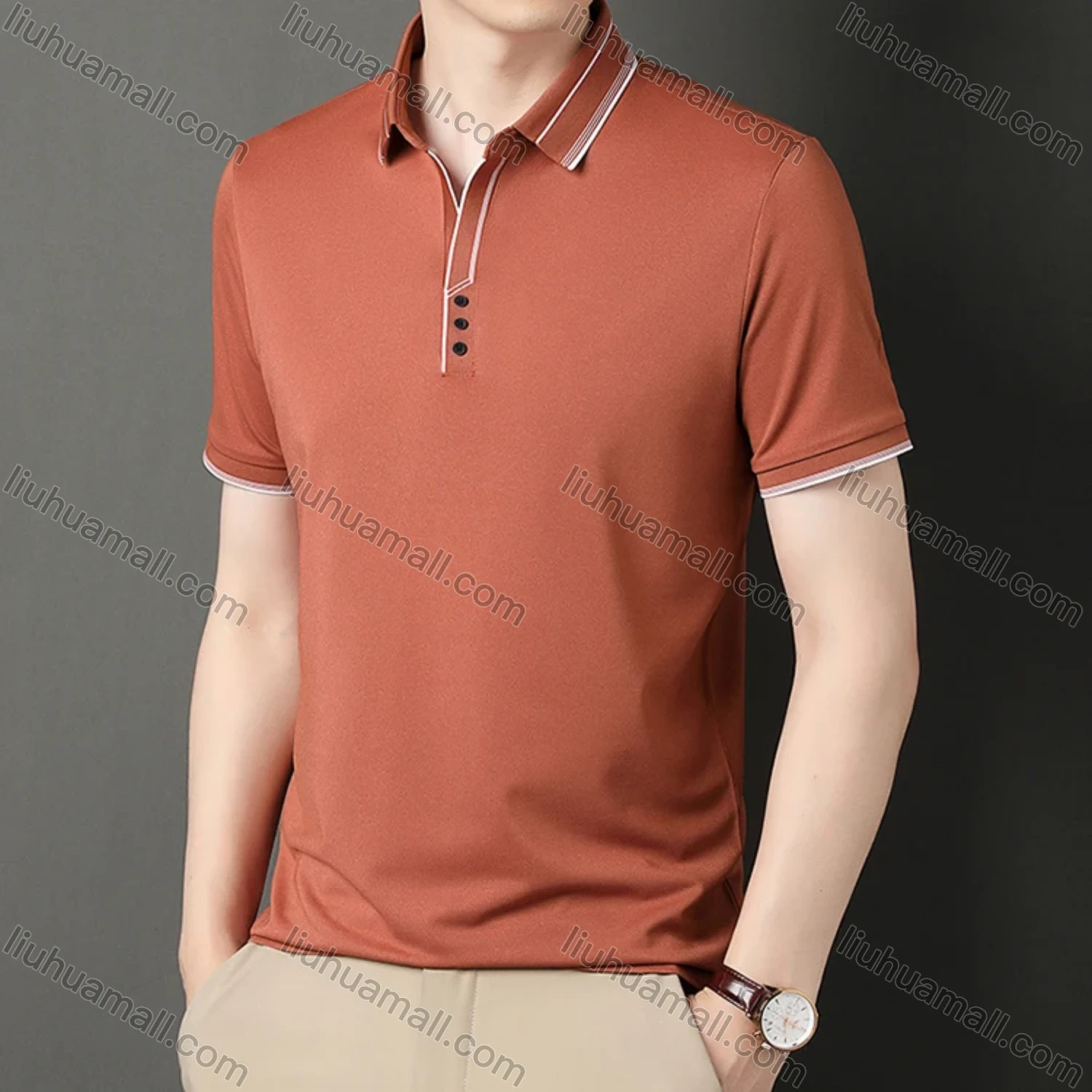 Wholesale Men's Casual Plain Striped Trim Short Sleeve Polo Shirt 9912# - Liuhuamall