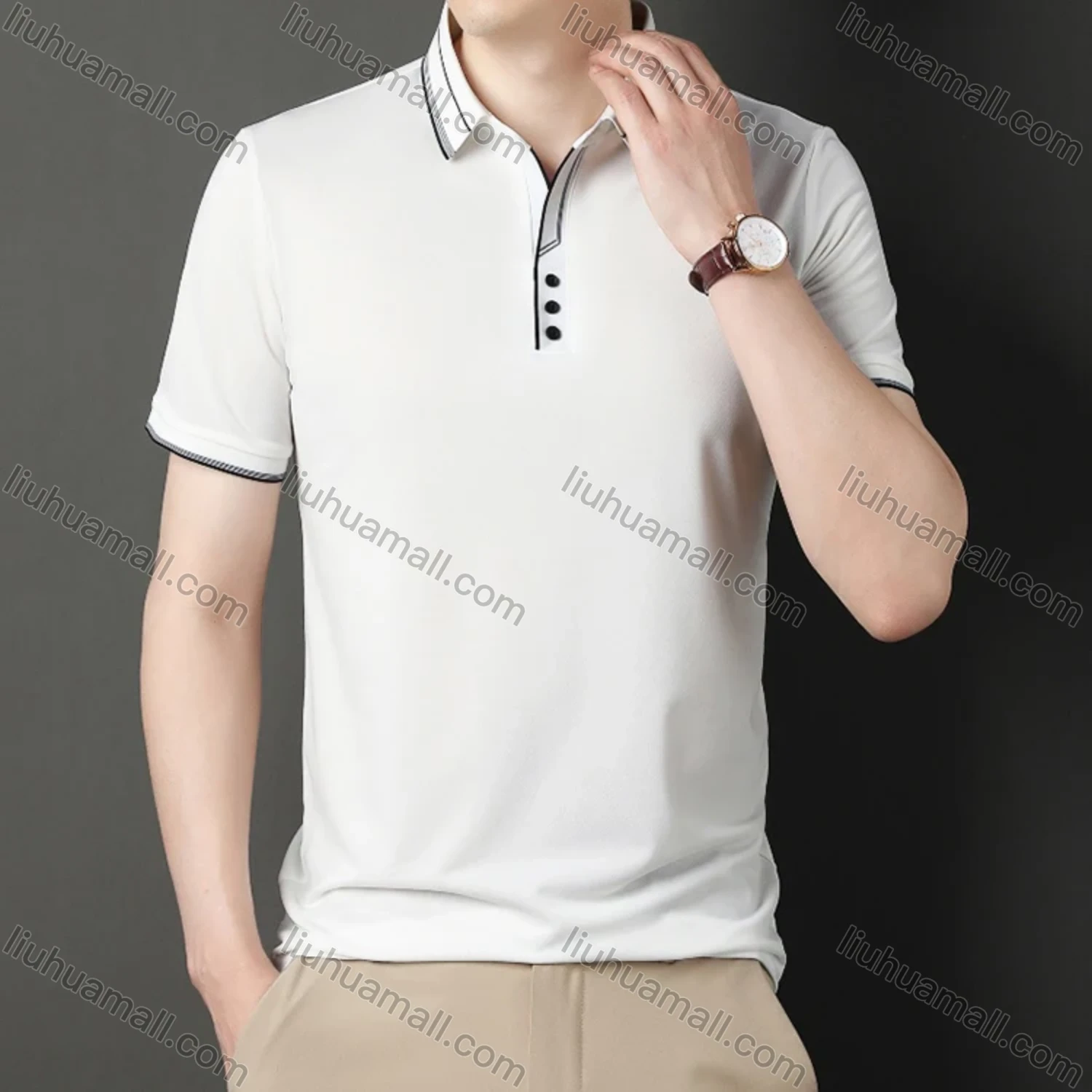 Wholesale Men's Casual Plain Striped Trim Short Sleeve Polo Shirt 9912# - Liuhuamall