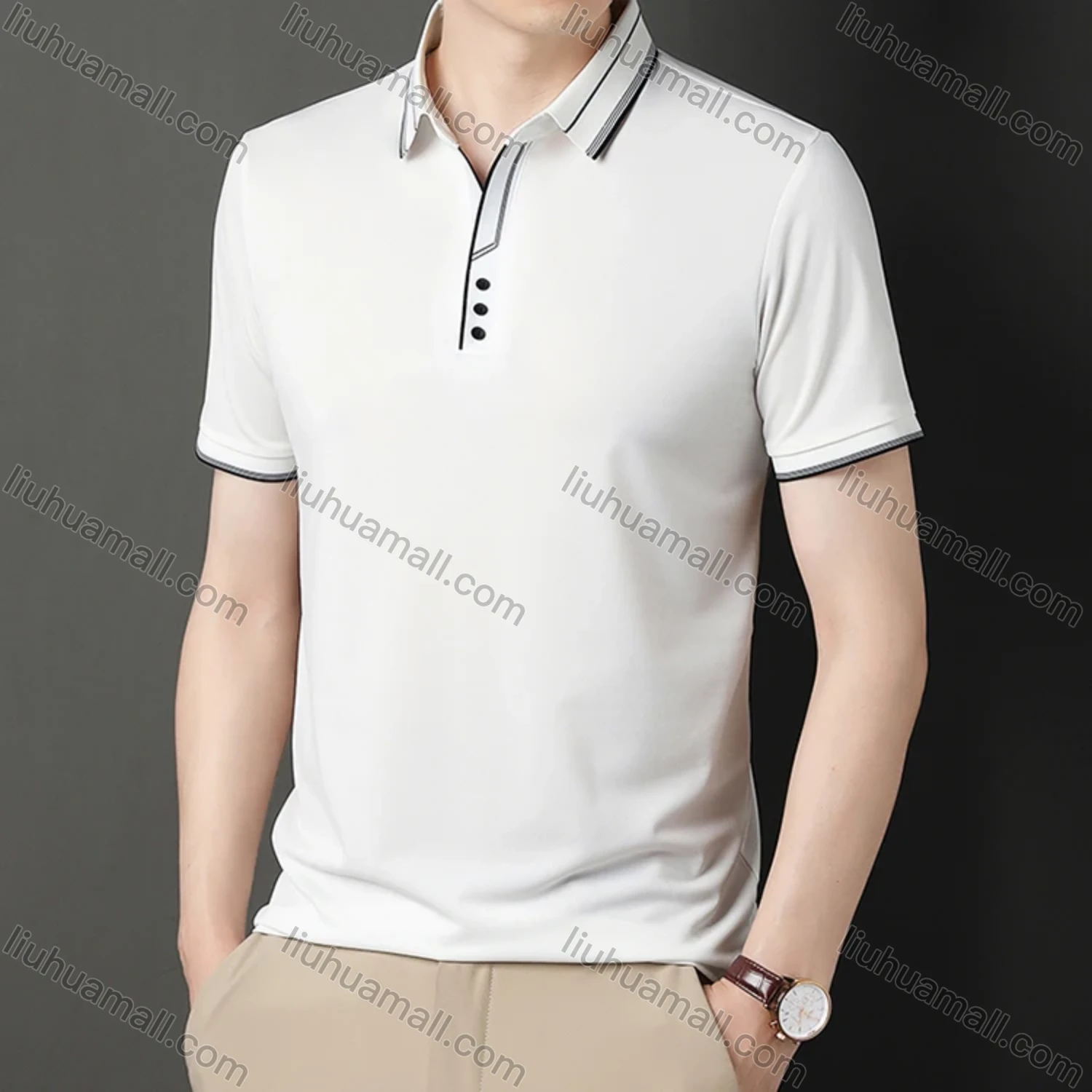 Wholesale Men's Casual Plain Striped Trim Short Sleeve Polo Shirt 9912# - Liuhuamall
