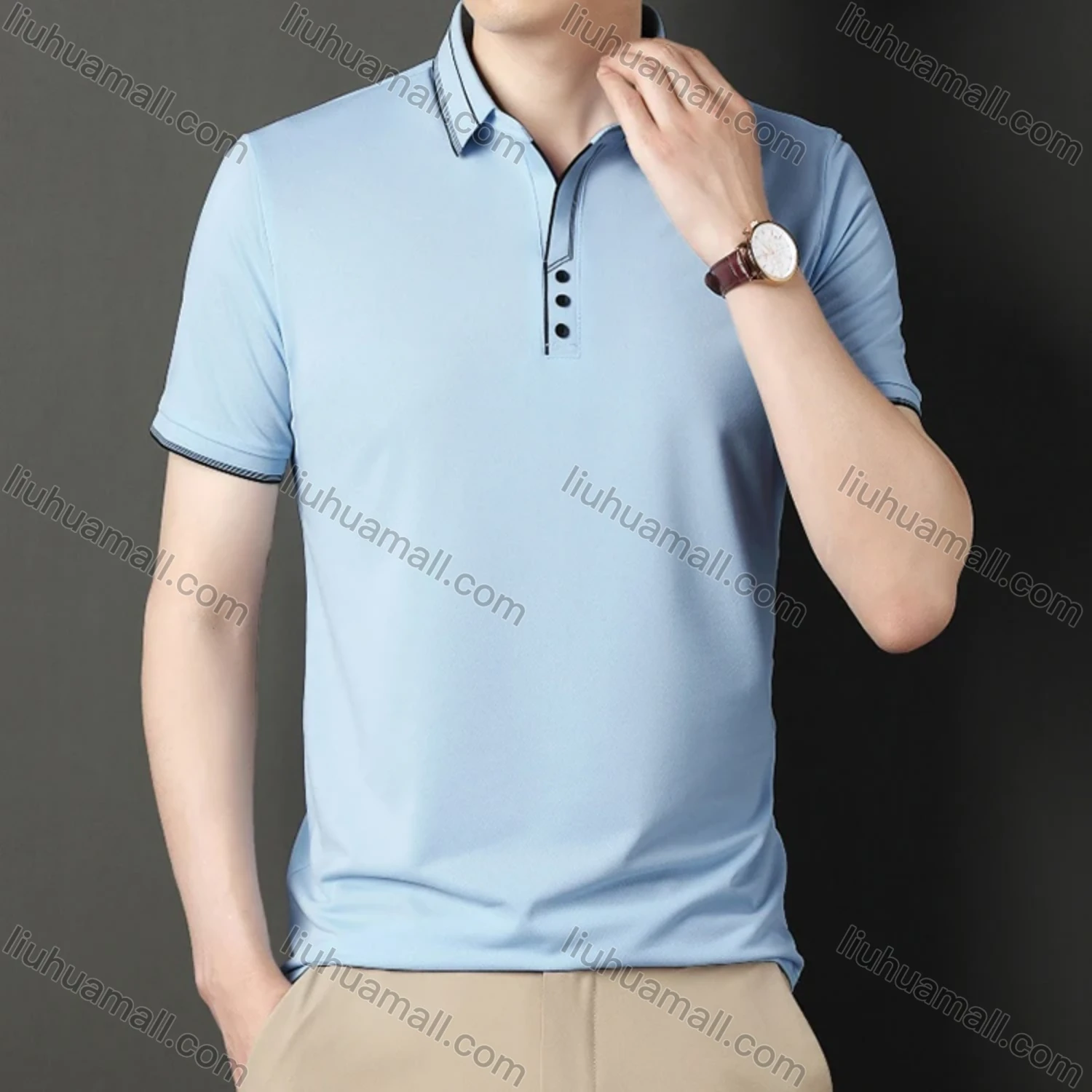 Wholesale Men's Casual Plain Striped Trim Short Sleeve Polo Shirt 9912# - Liuhuamall
