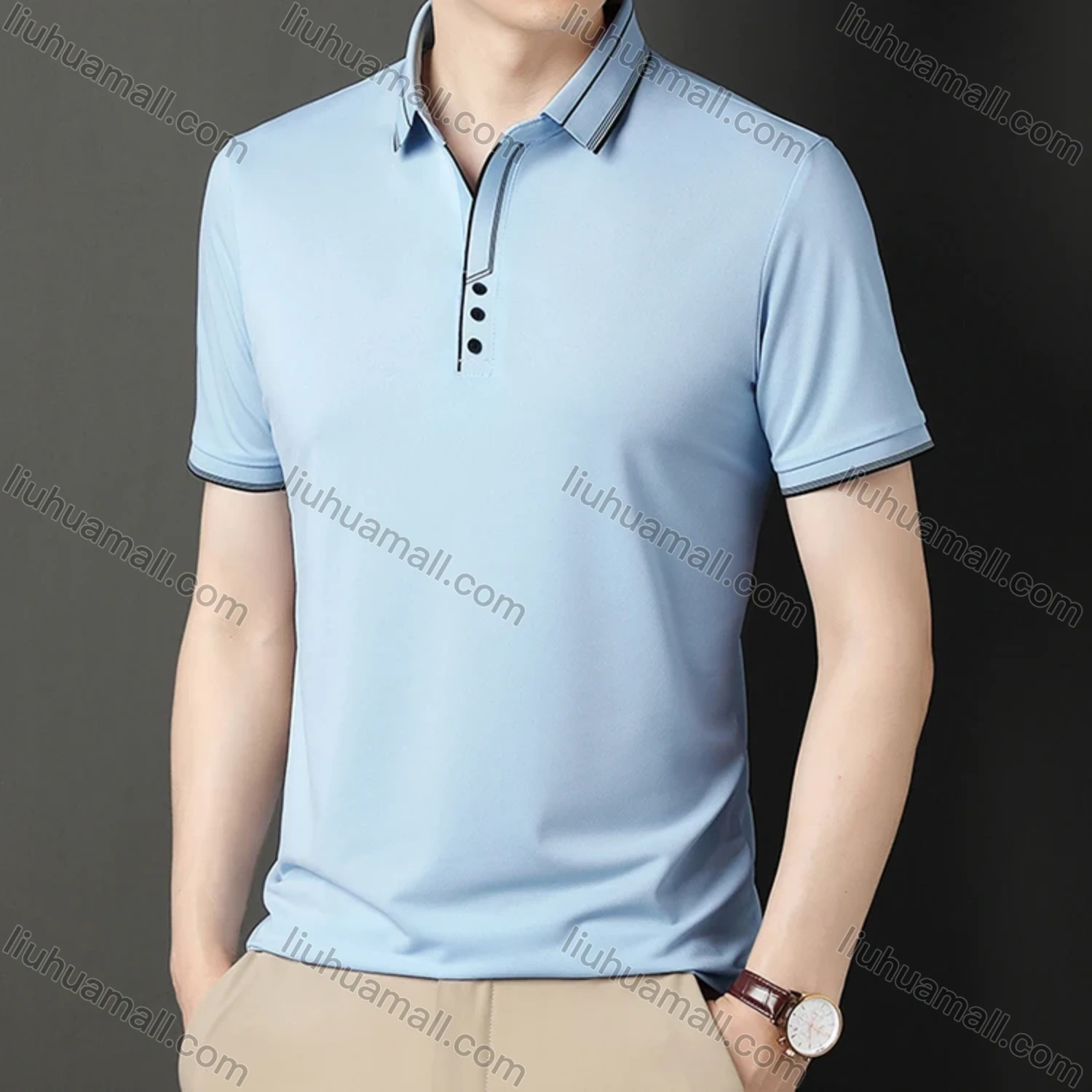 Wholesale Men's Casual Plain Striped Trim Short Sleeve Polo Shirt 9912# - Liuhuamall