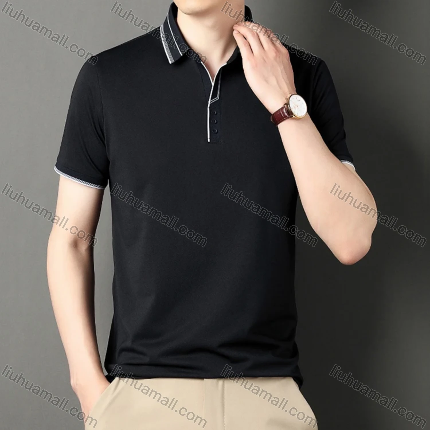 Wholesale Men's Casual Plain Striped Trim Short Sleeve Polo Shirt 9912# - Liuhuamall