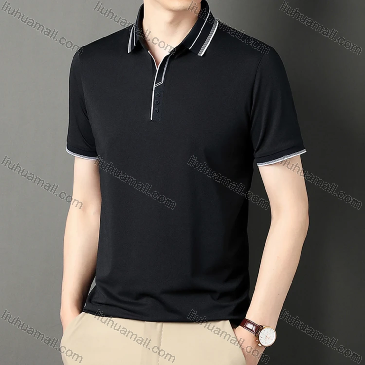 Wholesale Men's Casual Plain Striped Trim Short Sleeve Polo Shirt 9912# - Liuhuamall