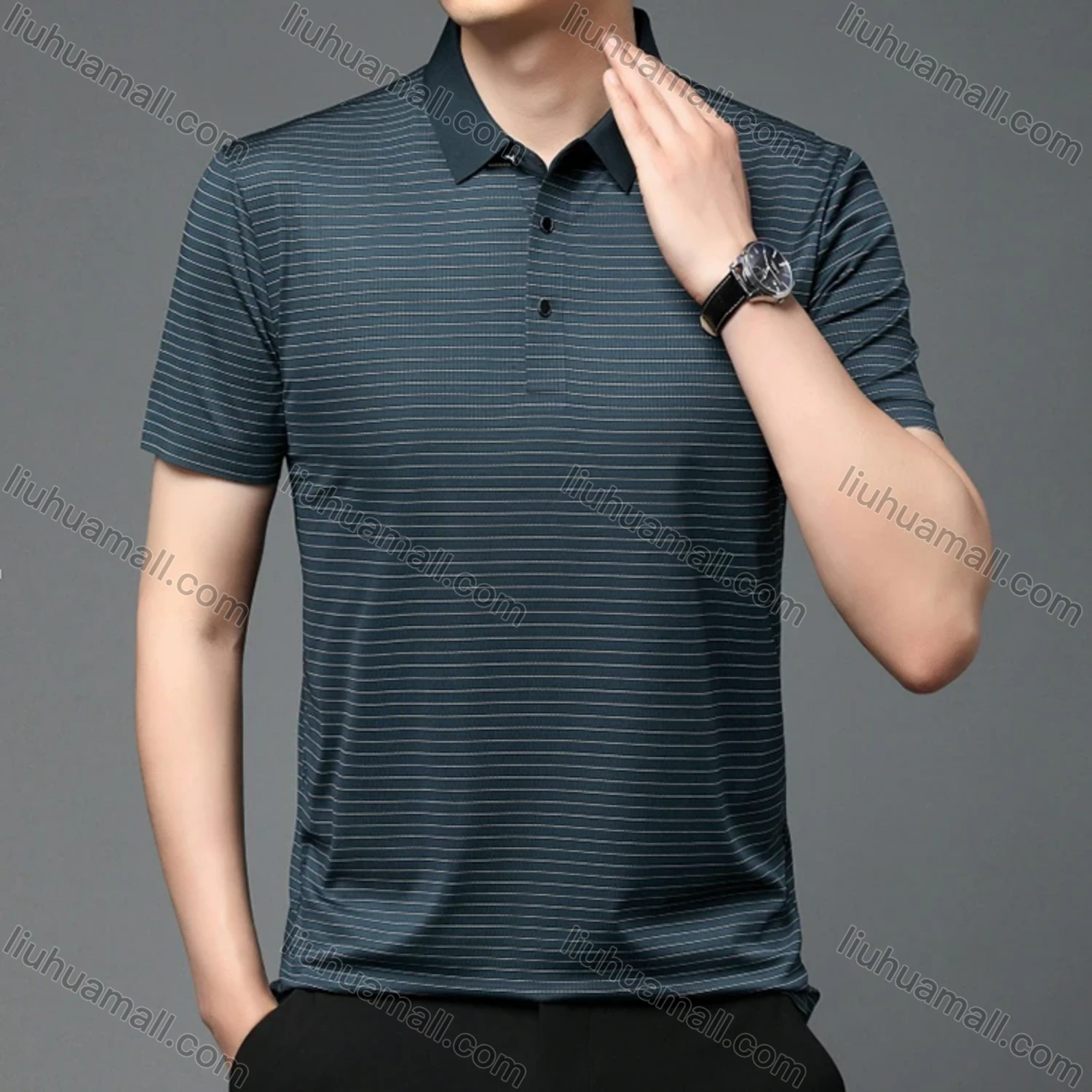 Wholesale Men's Casual Striped Short Sleeve Polo Shirt T1930# - Liuhuamall