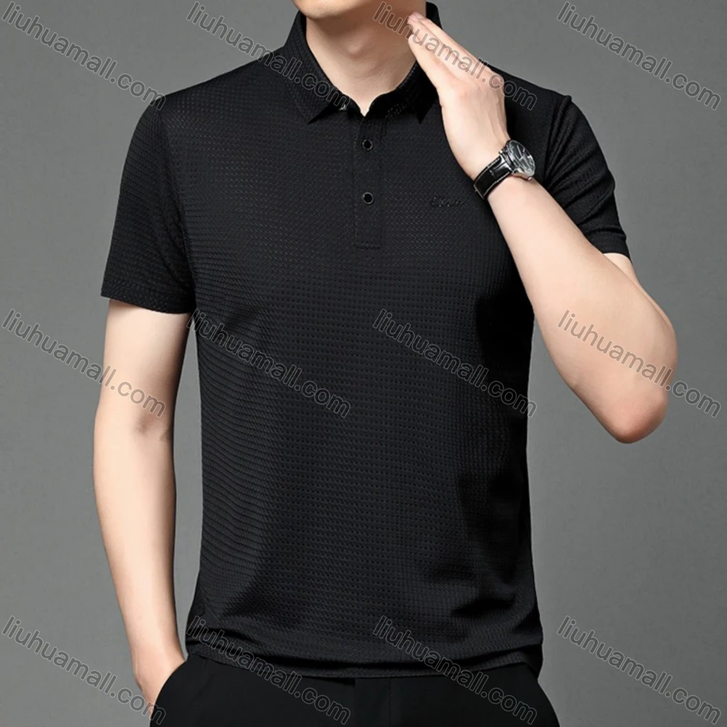 Wholesale Men's Business Plain Texture Label Short Sleeve Breathable Polo Shirt T1230# - Liuhuamall