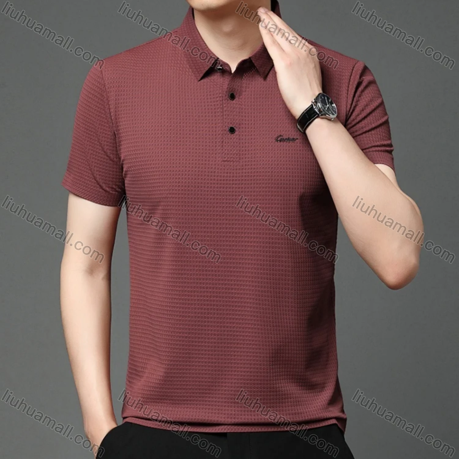 Wholesale Men's Business Plain Texture Label Short Sleeve Breathable Polo Shirt T1230# - Liuhuamall