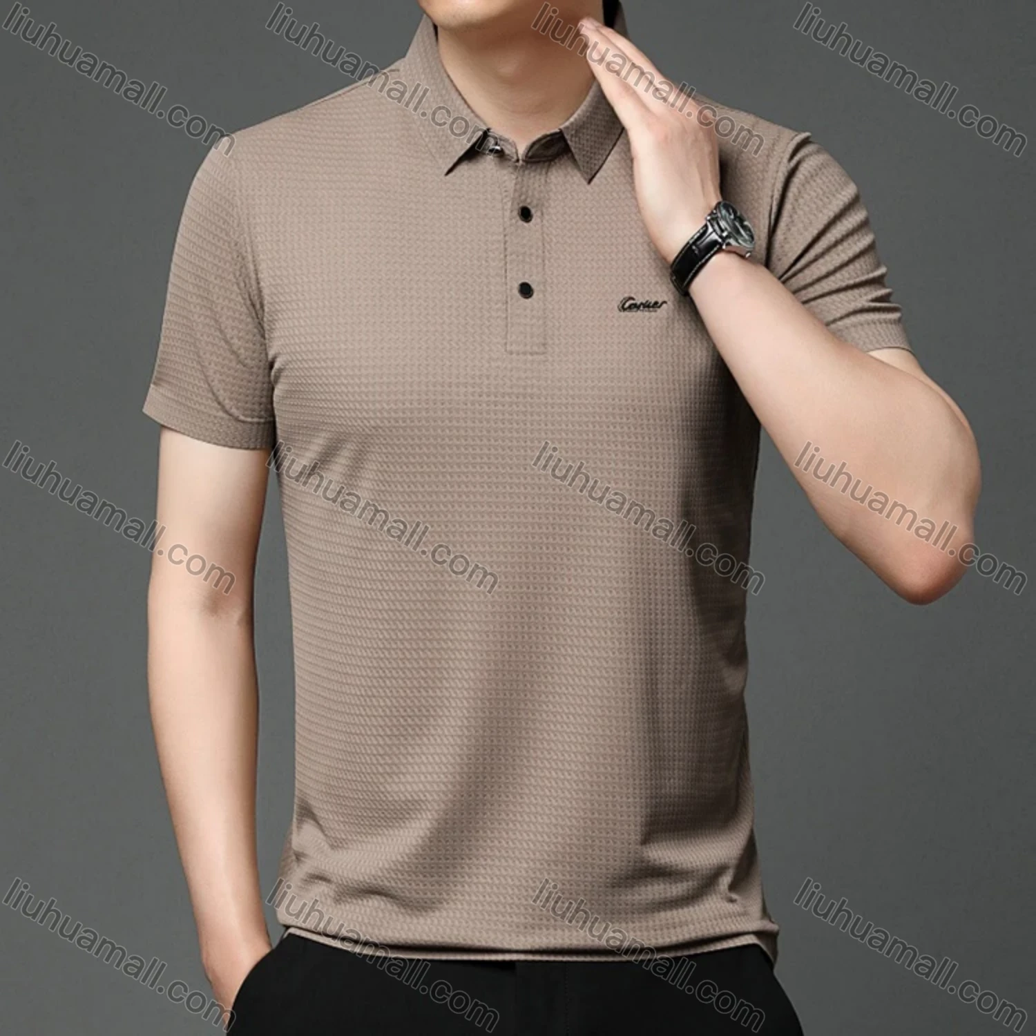 Wholesale Men's Business Plain Texture Label Short Sleeve Breathable Polo Shirt T1230# - Liuhuamall