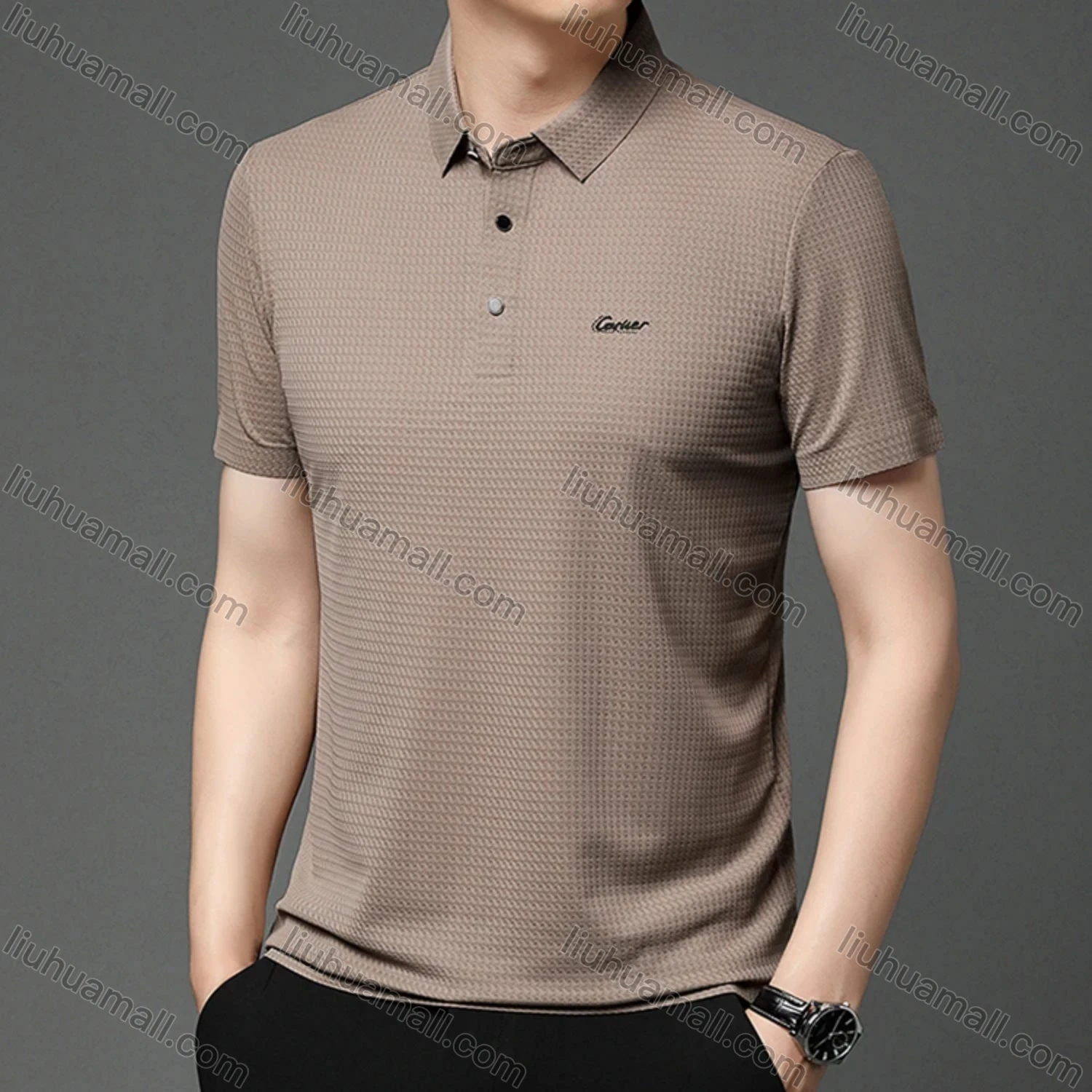 Wholesale Men's Business Plain Texture Label Short Sleeve Breathable Polo Shirt T1230# - Liuhuamall