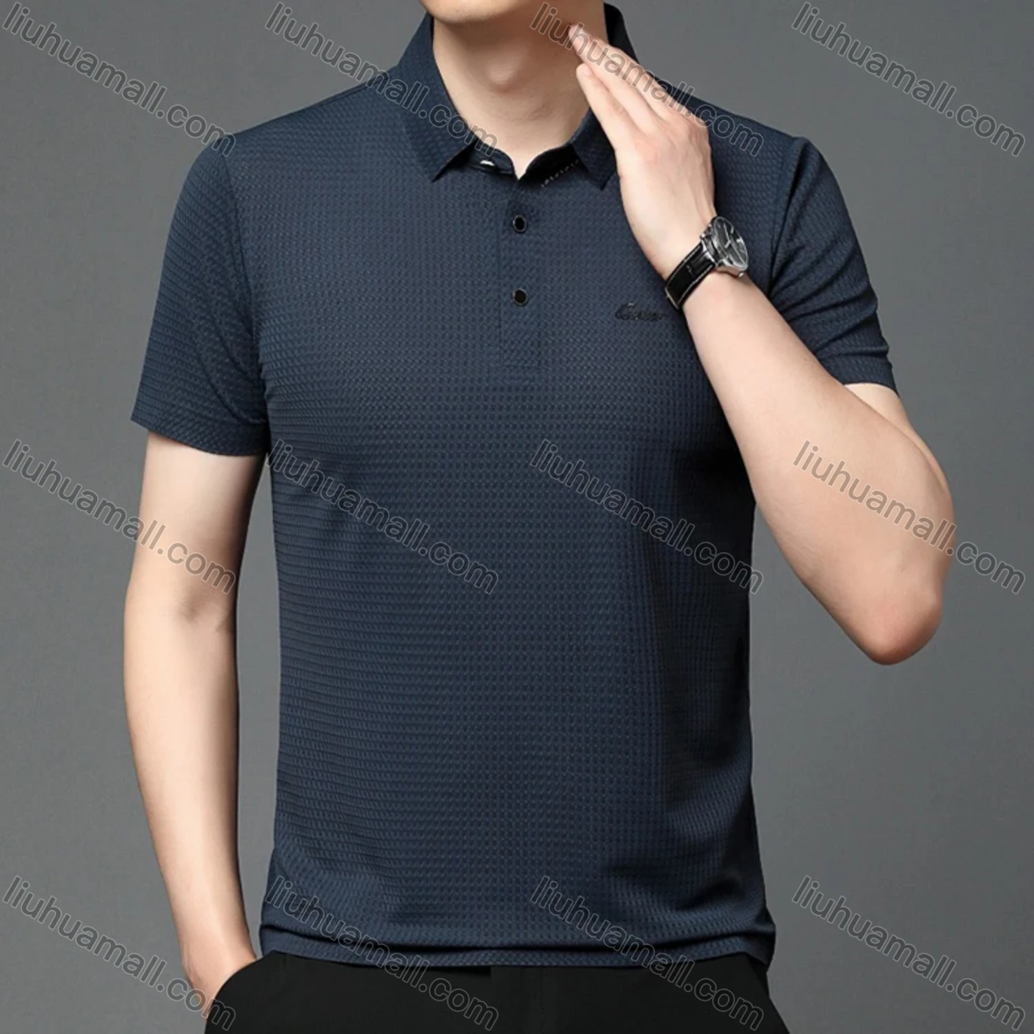 Wholesale Men's Business Plain Texture Label Short Sleeve Breathable Polo Shirt T1230# - Liuhuamall