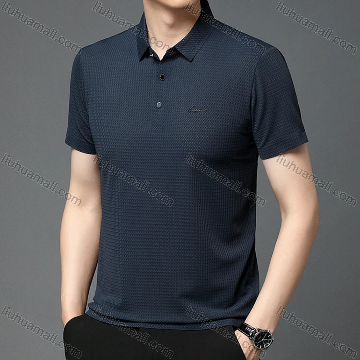 Wholesale Men's Business Plain Texture Label Short Sleeve Breathable Polo Shirt T1230# - Liuhuamall