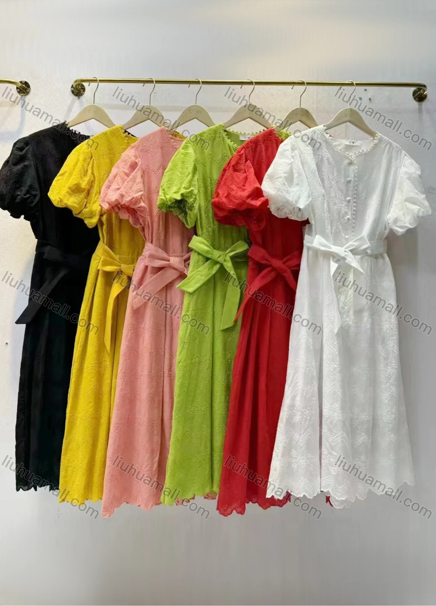 Wholesale Women's Casual Plain Button Front Eyelet Embroidered Short Sleeve Midi Dress With Belt - Liuhuamall