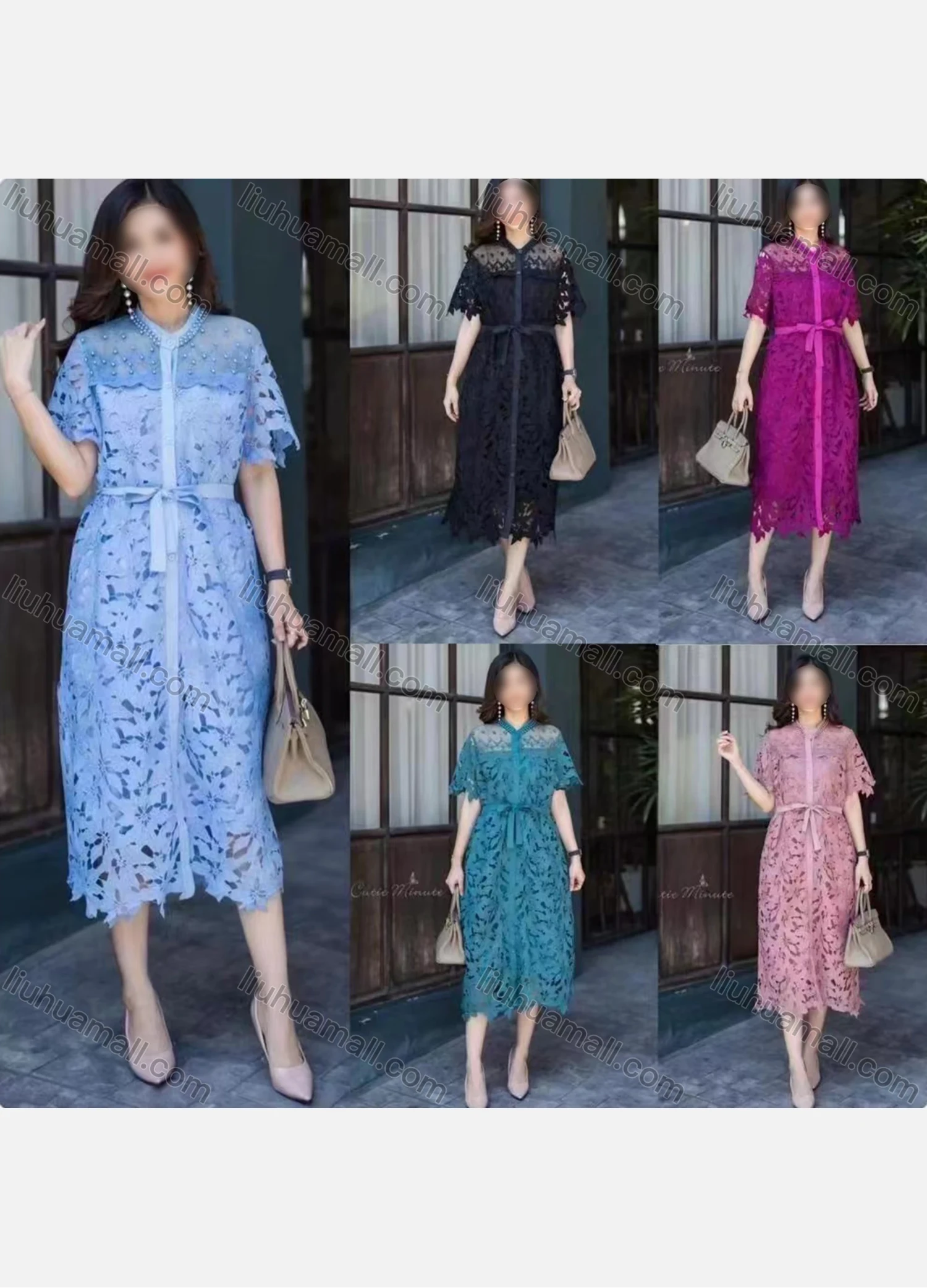 Wholesale Women's Elegant Plain Button Down Hollow Out Beaded Splicing Short Sleeve Midi Dress With Belt - Liuhuamall