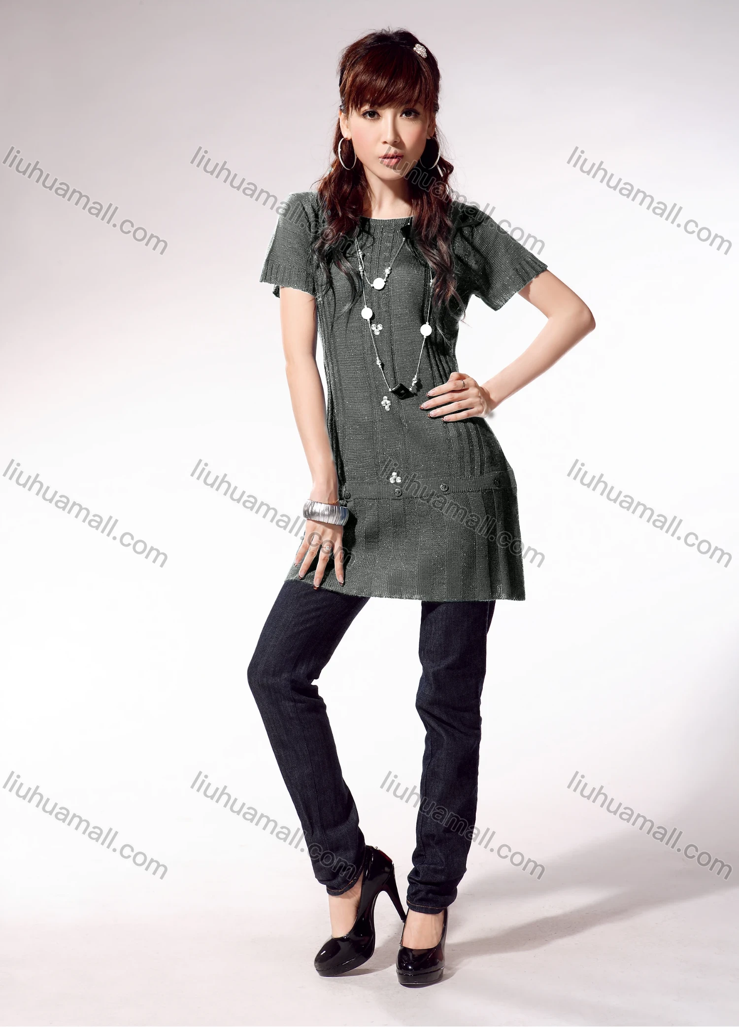 Wholesale Women's Casual Plain Rhinestone Button Decor Cable Knit Round Neck Short Sleeve Sweater Top 1313# - Liuhuamall