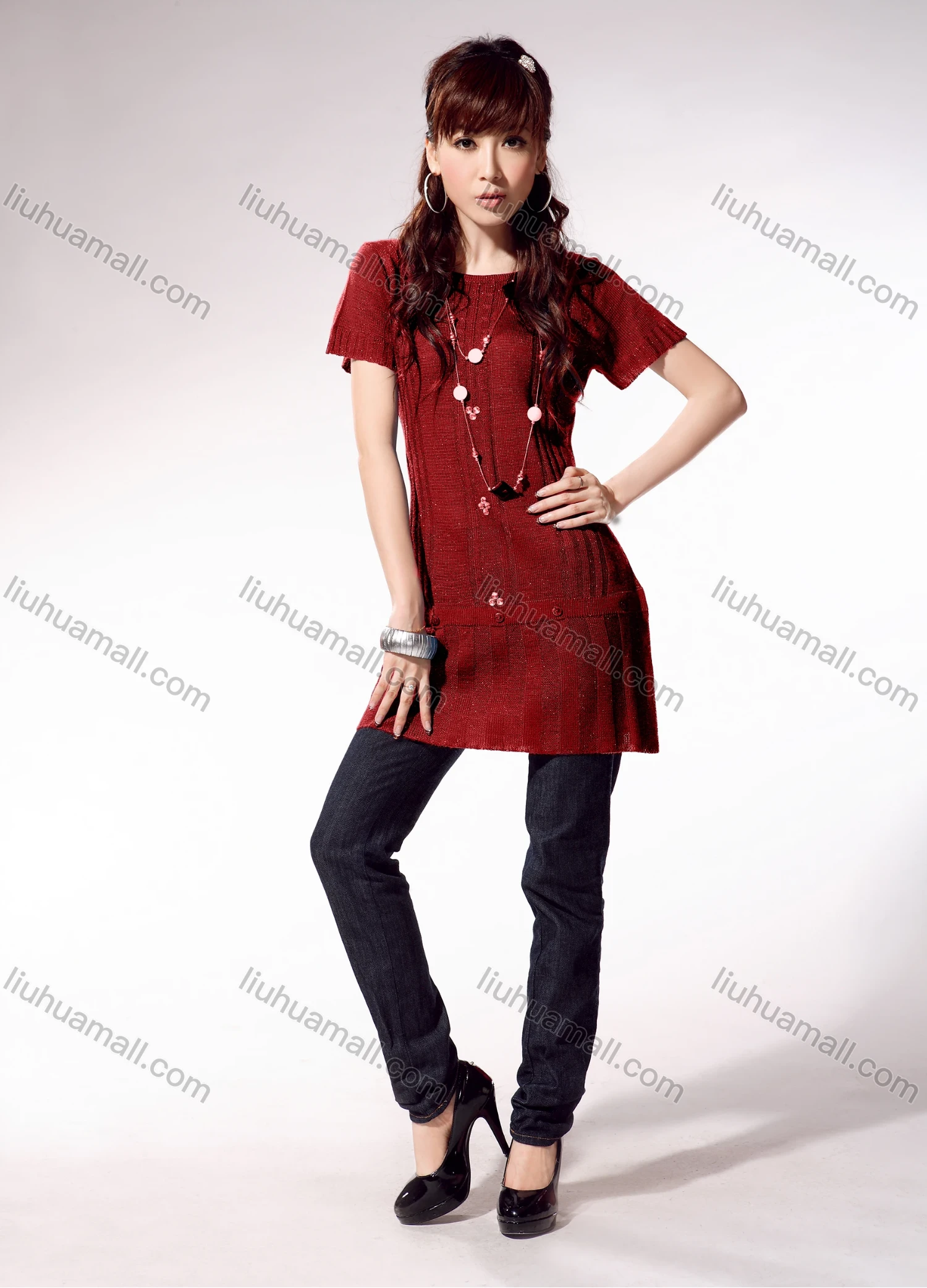 Wholesale Women's Casual Plain Rhinestone Button Decor Cable Knit Round Neck Short Sleeve Sweater Top 1313# - Liuhuamall