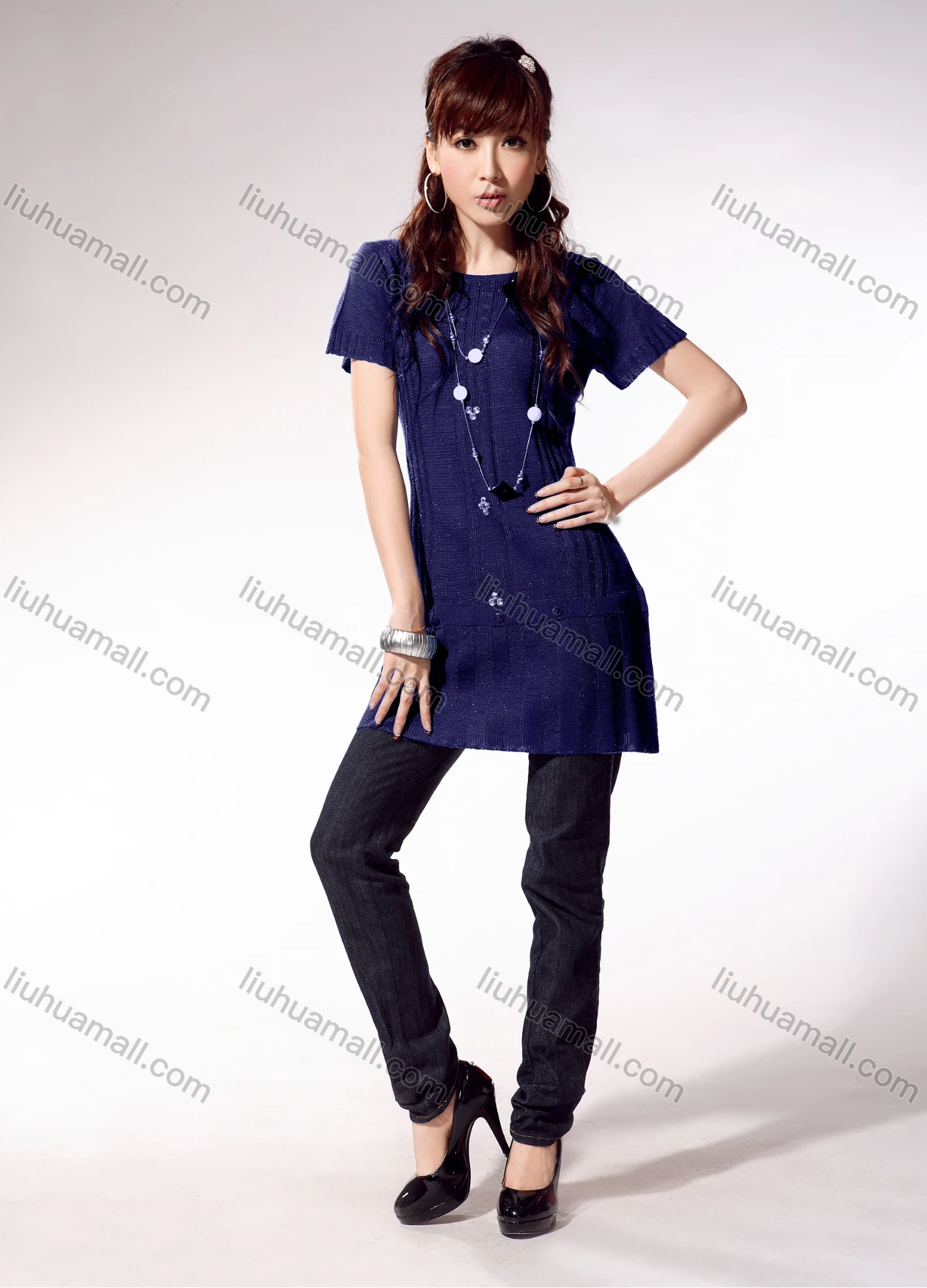 Wholesale Women's Casual Plain Rhinestone Button Decor Cable Knit Round Neck Short Sleeve Sweater Top 1313# - Liuhuamall