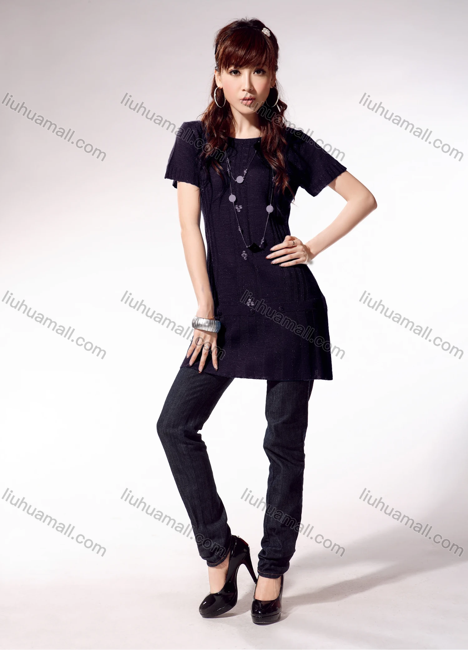 Wholesale Women's Casual Plain Rhinestone Button Decor Cable Knit Round Neck Short Sleeve Sweater Top 1313# - Liuhuamall