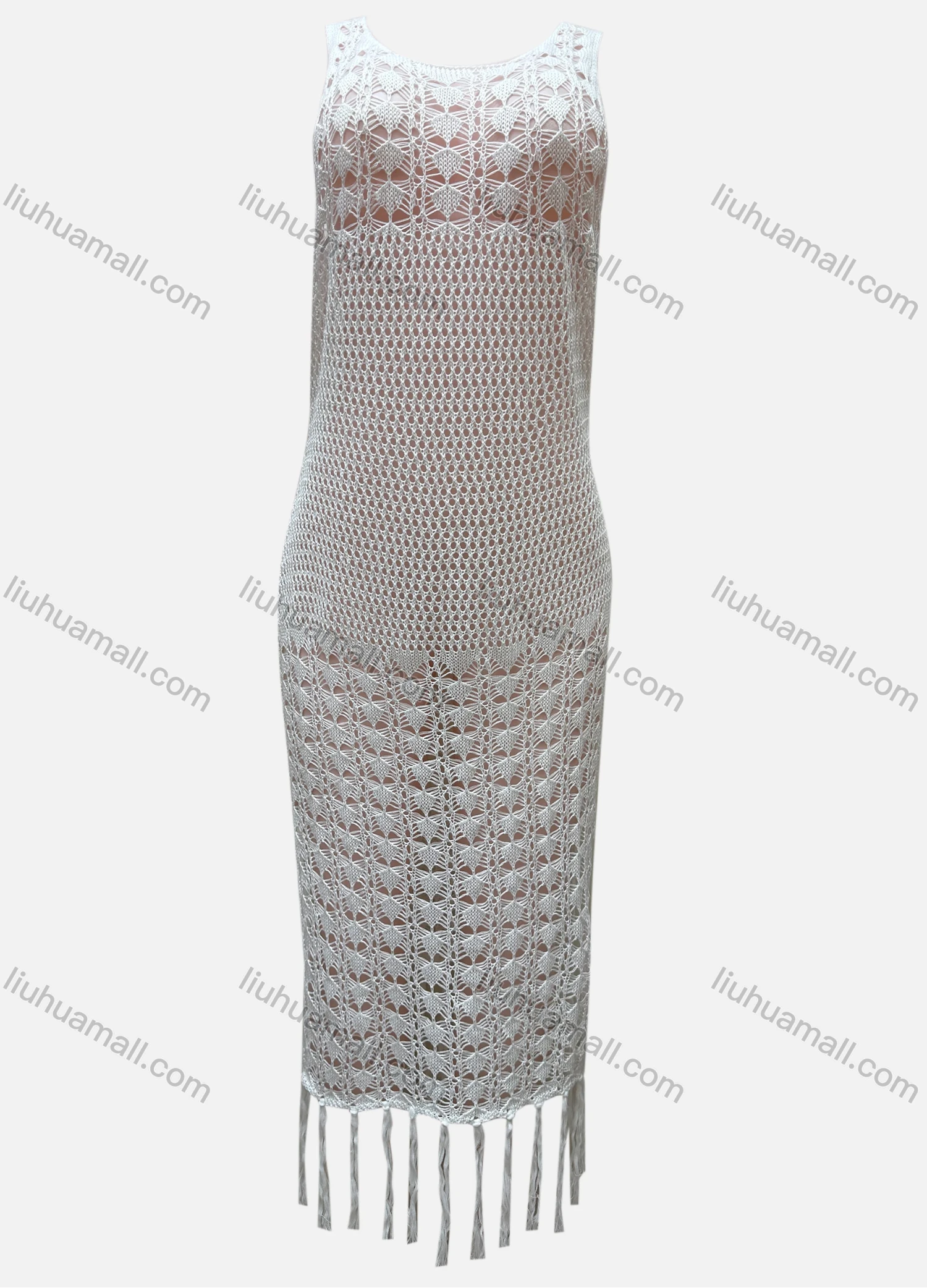 Wholesale Women's Vacation Crew Neck Crochet Sleeveless Plain Hollow Out Tassel Hem Tank Cover Up Dress X81# - Liuhuamall