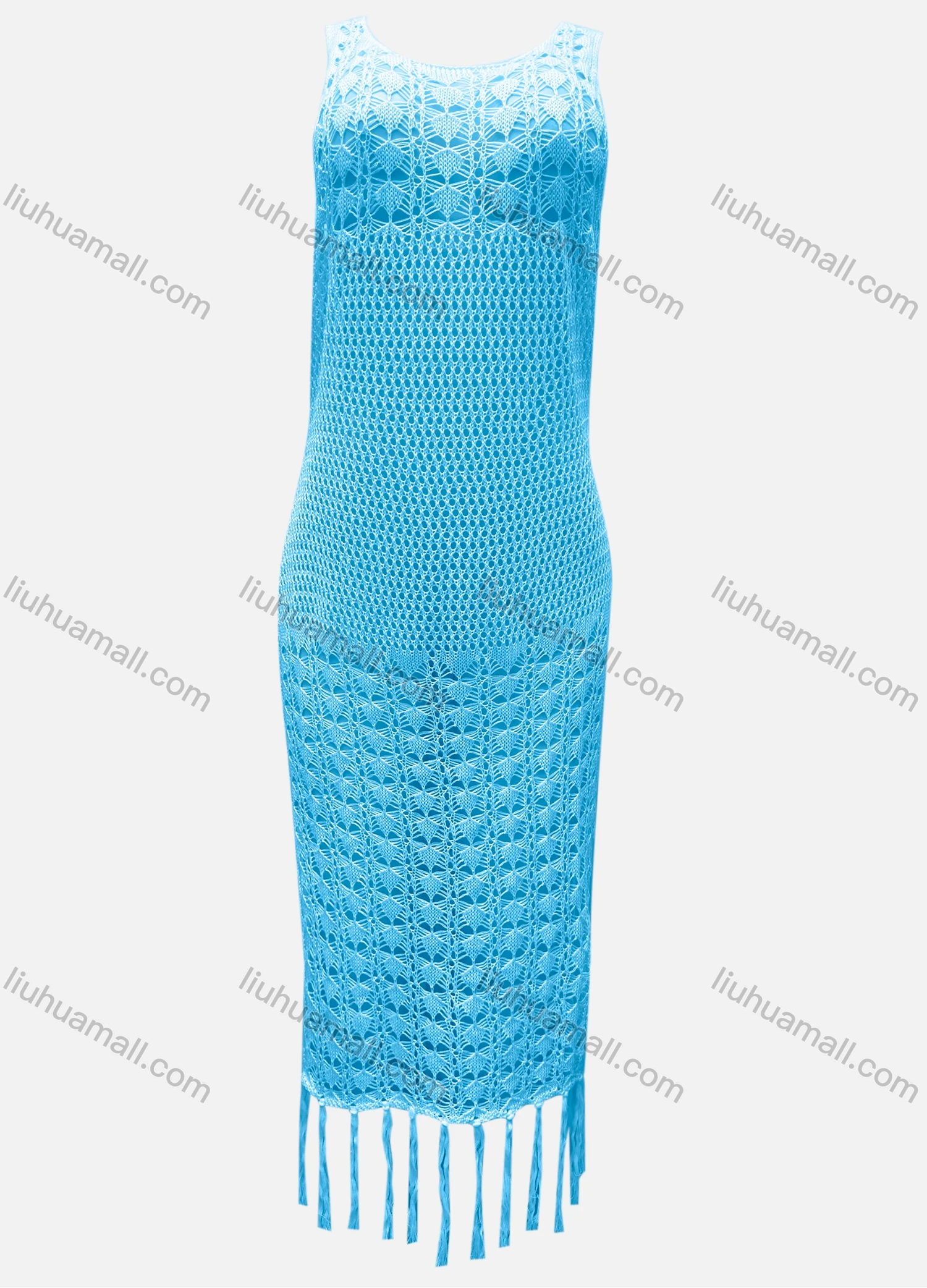 Wholesale Women's Vacation Crew Neck Crochet Sleeveless Plain Hollow Out Tassel Hem Tank Cover Up Dress X81# - Liuhuamall