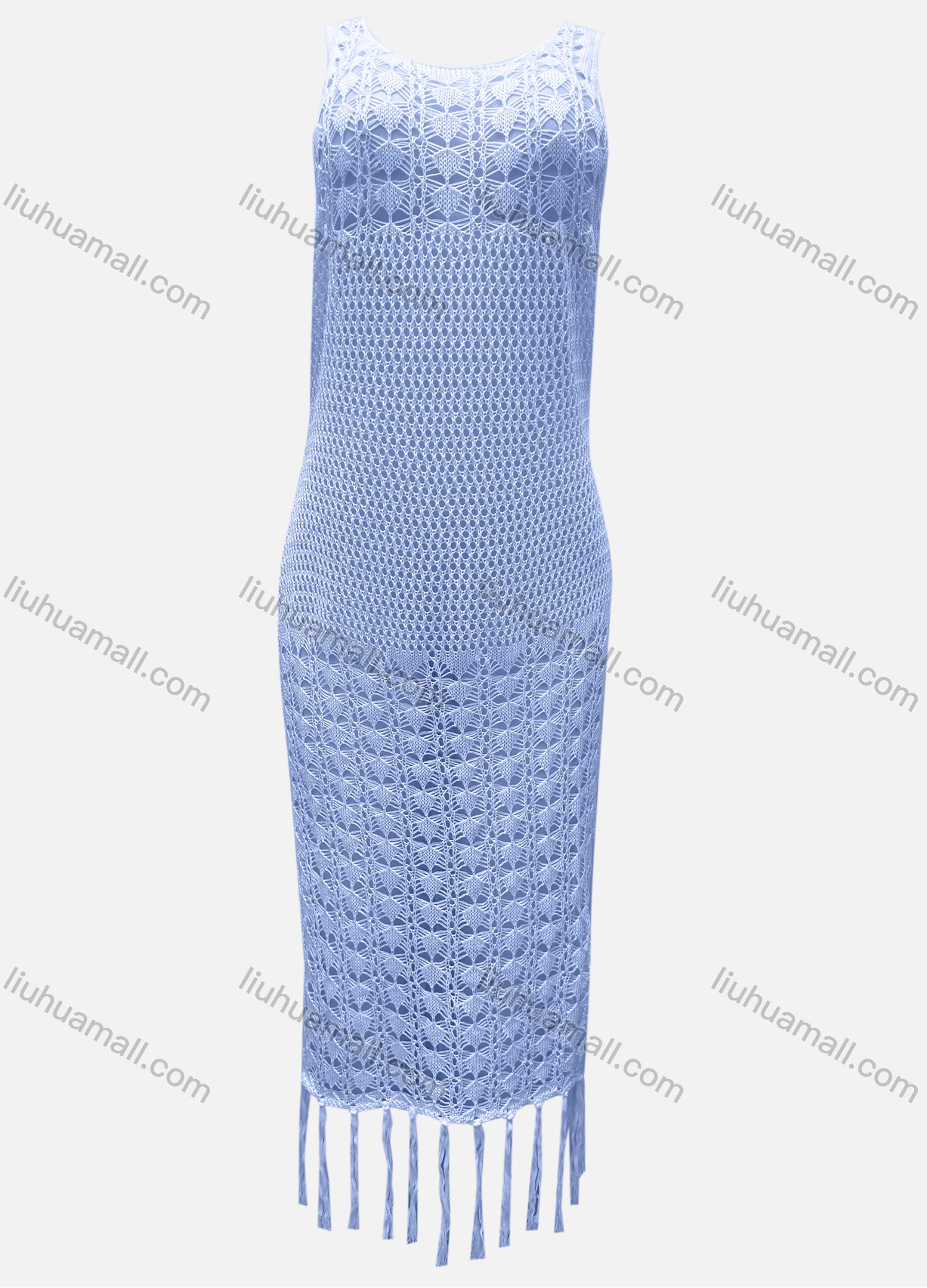 Wholesale Women's Vacation Crew Neck Crochet Sleeveless Plain Hollow Out Tassel Hem Tank Cover Up Dress X81# - Liuhuamall