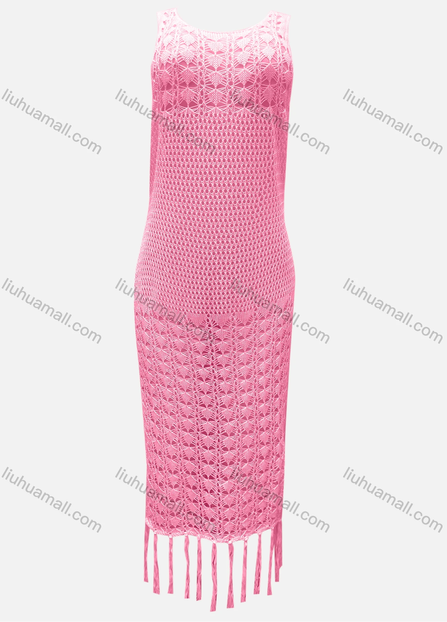 Wholesale Women's Vacation Crew Neck Crochet Sleeveless Plain Hollow Out Tassel Hem Tank Cover Up Dress X81# - Liuhuamall