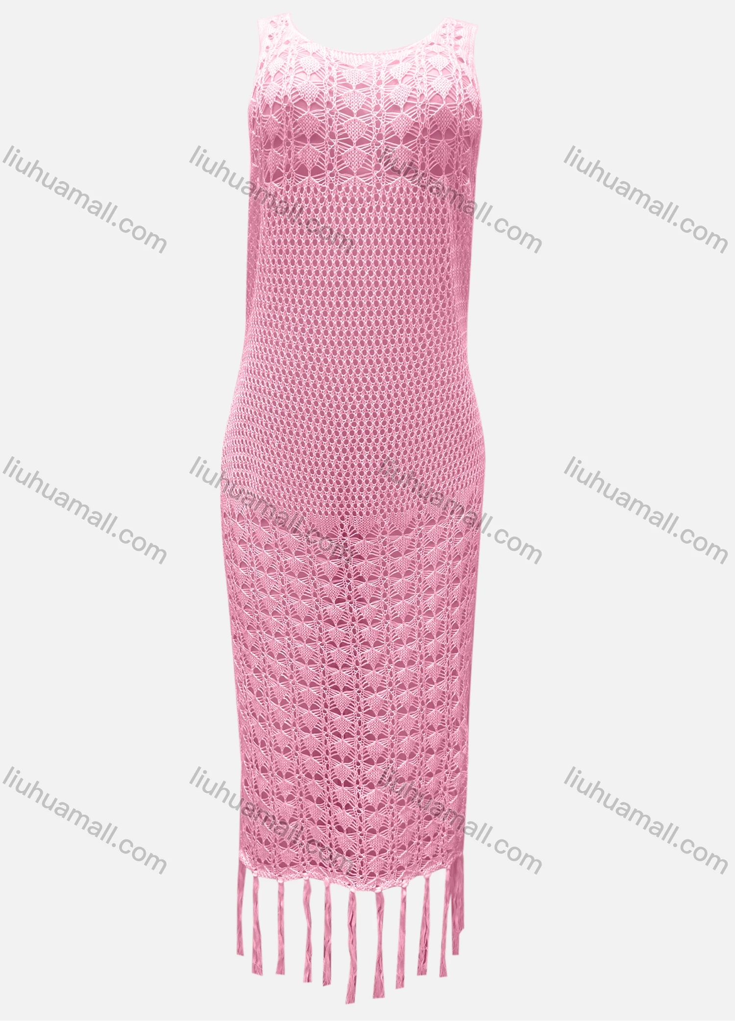 Wholesale Women's Vacation Crew Neck Crochet Sleeveless Plain Hollow Out Tassel Hem Tank Cover Up Dress X81# - Liuhuamall