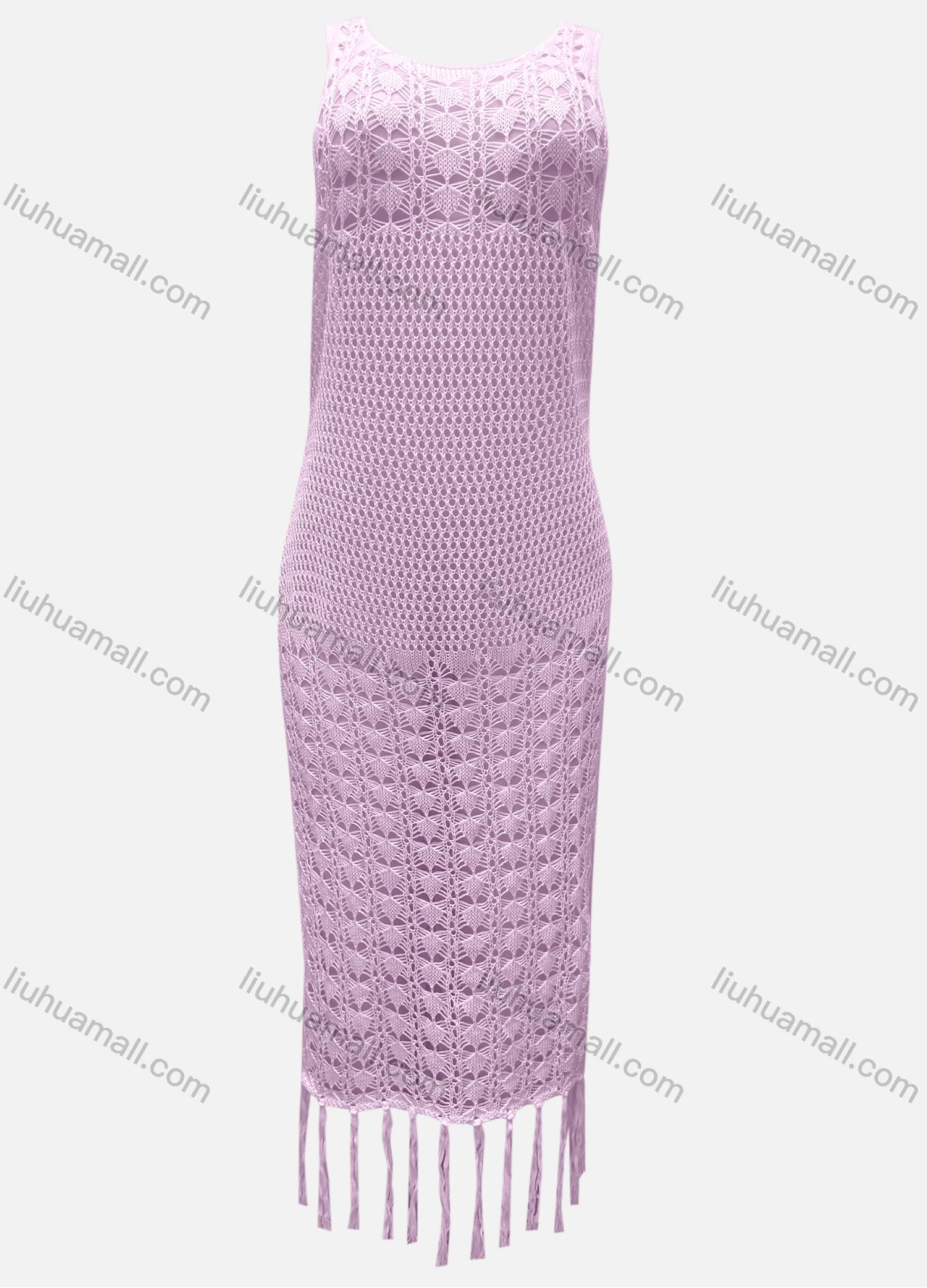 Wholesale Women's Vacation Crew Neck Crochet Sleeveless Plain Hollow Out Tassel Hem Tank Cover Up Dress X81# - Liuhuamall