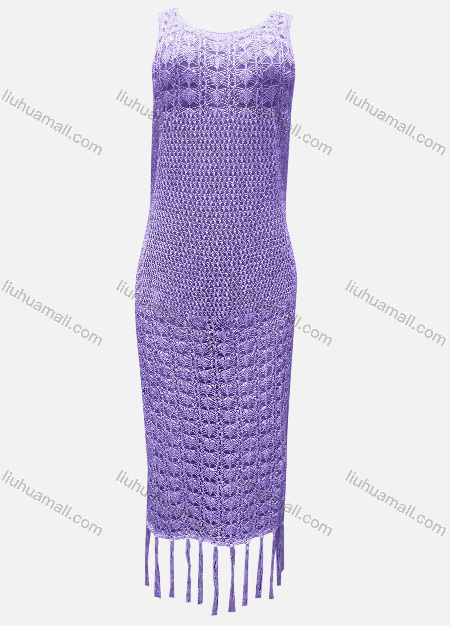 Wholesale Women's Vacation Crew Neck Crochet Sleeveless Plain Hollow Out Tassel Hem Tank Cover Up Dress X81# - Liuhuamall
