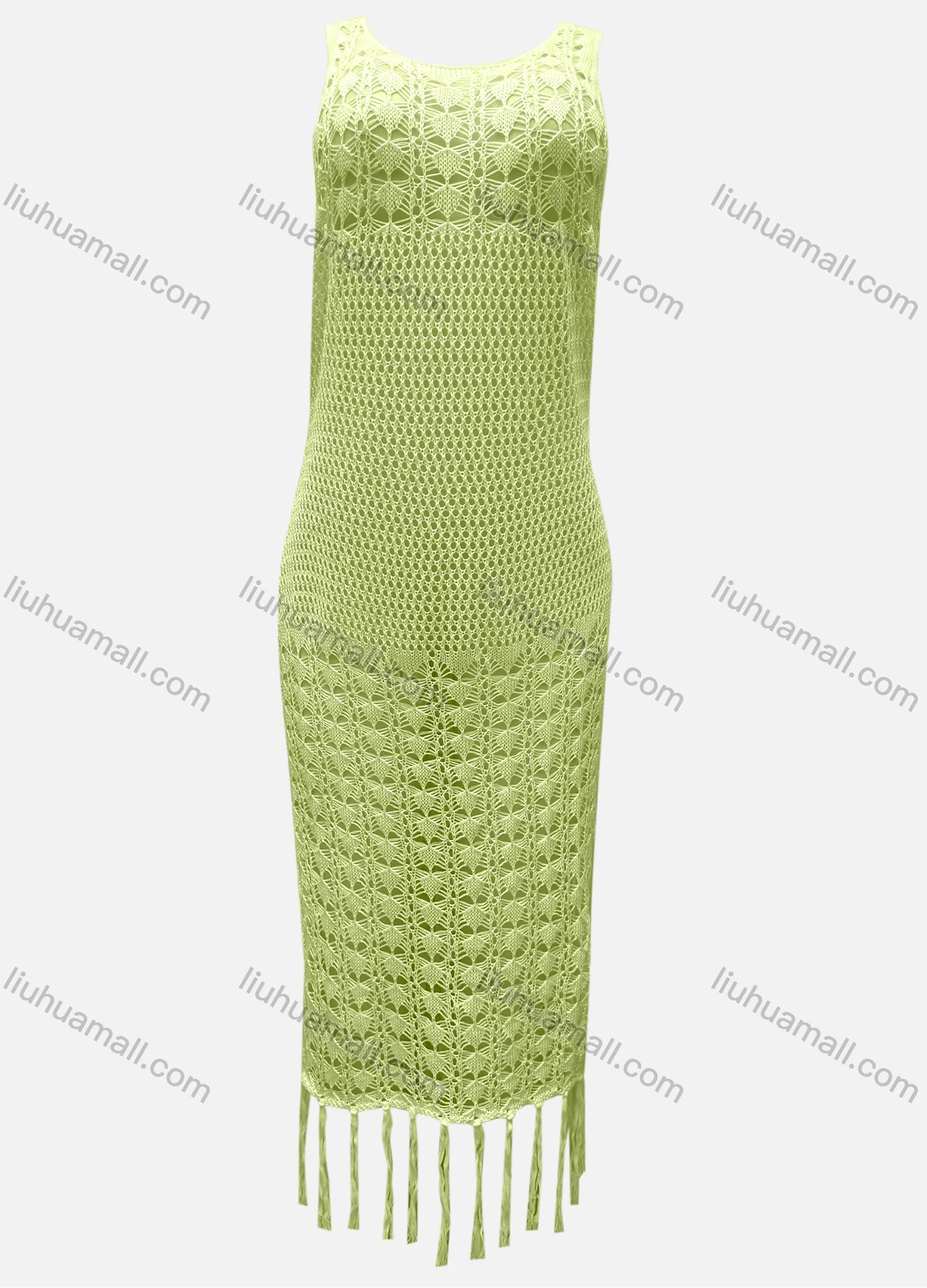 Wholesale Women's Vacation Crew Neck Crochet Sleeveless Plain Hollow Out Tassel Hem Tank Cover Up Dress X81# - Liuhuamall